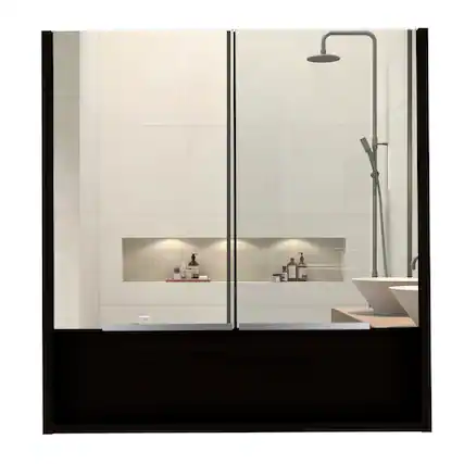 Front. TuHome - Jaspe Mirror Cabinet, Three Internal Shelves, One Open Shelf, Double Door Cabinet - Black.