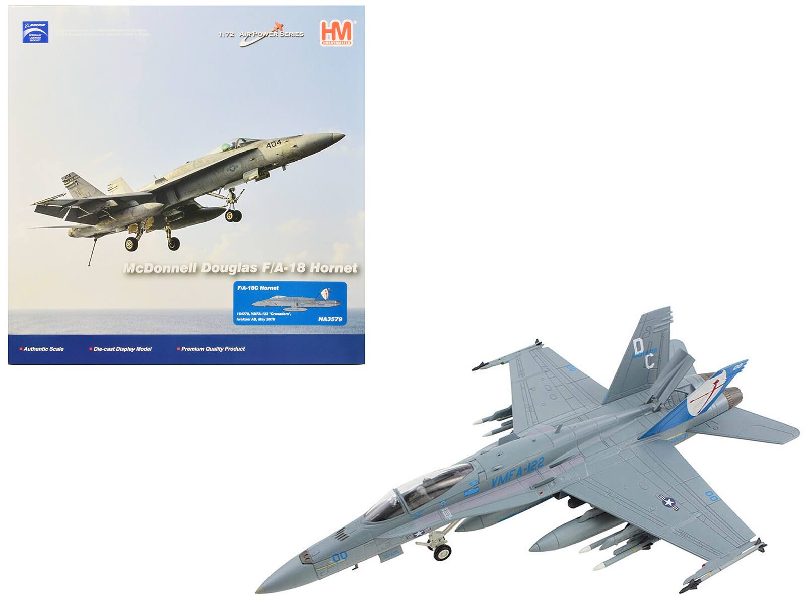 Sure, here is the corrected and grouped text:

---

**McDonnell Douglas F/A-18 Hornet**

- **1:72 Scale**
- **Die-cast Display Model**
- **Premium Quality Product**

**HM**  
**HERO SERIES**

**AirPower**  
**1:72**

**F/A-18C Hornet**  
**VMFA-122**  
**00**

**Authentic Scale**  
**Die-cast Display Model**  
**Premium Quality Product**

**HA3579**

---

This text is organized to reflect the information from the image accurately.