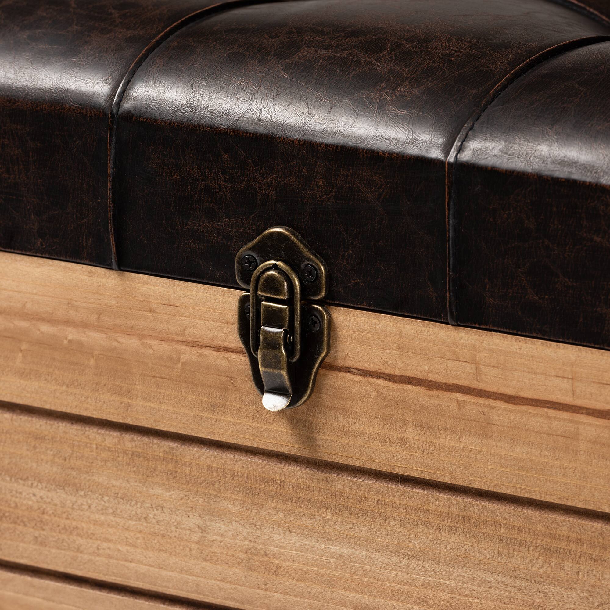 Alt View 2. Baxton Studio - Edmund Rustic Transitional Faux Leather Upholstered and Oak Brown Finished Wood Storage Ottoman - Dark Brown/Oak Brown.