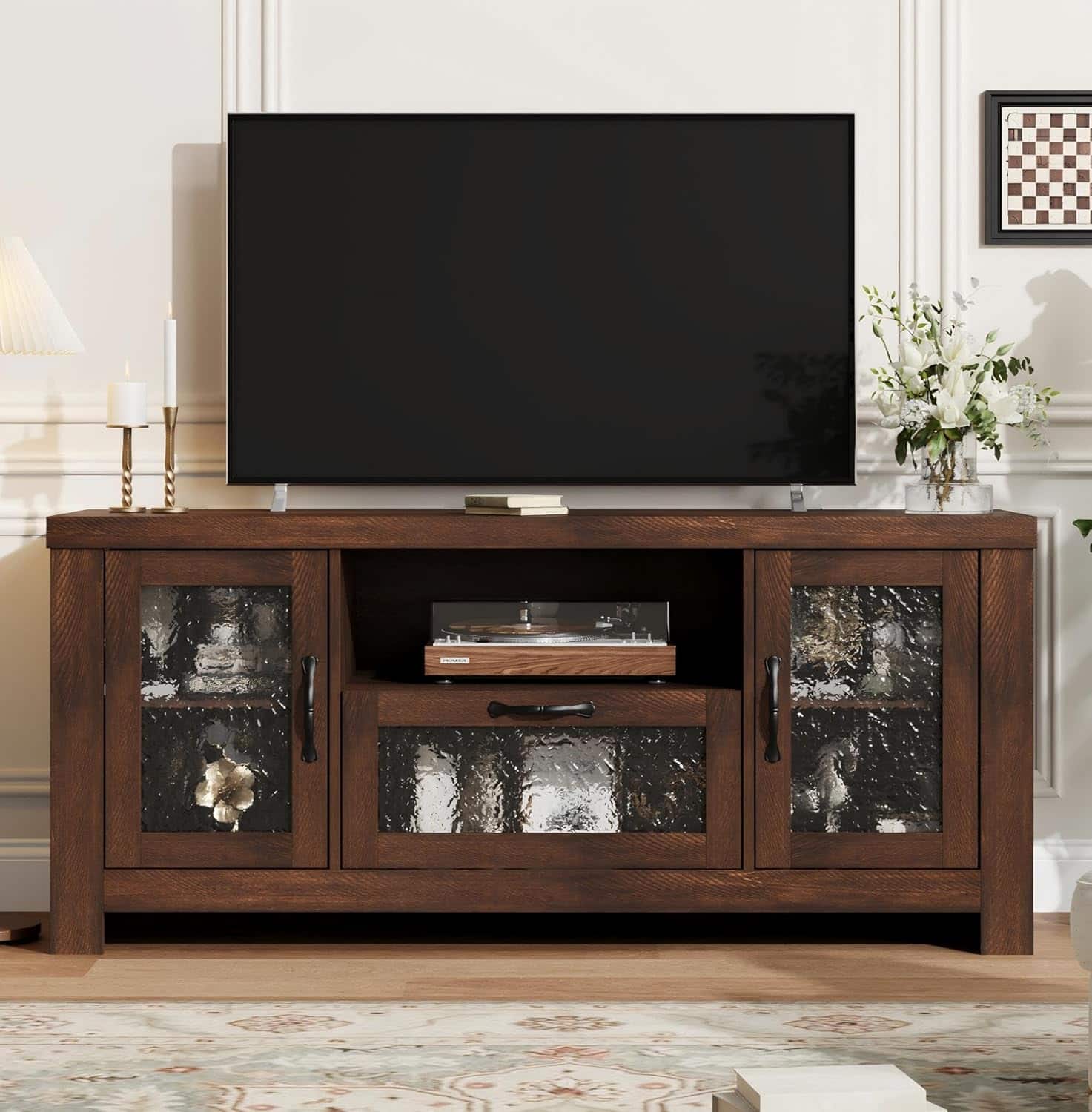 GAOMON - Farmhouse TV Stand for 55 Inch TV, Entertainment Center with Acrylic Door & Adjustable Shelves, Sideboard Buffet - Rustic Brown