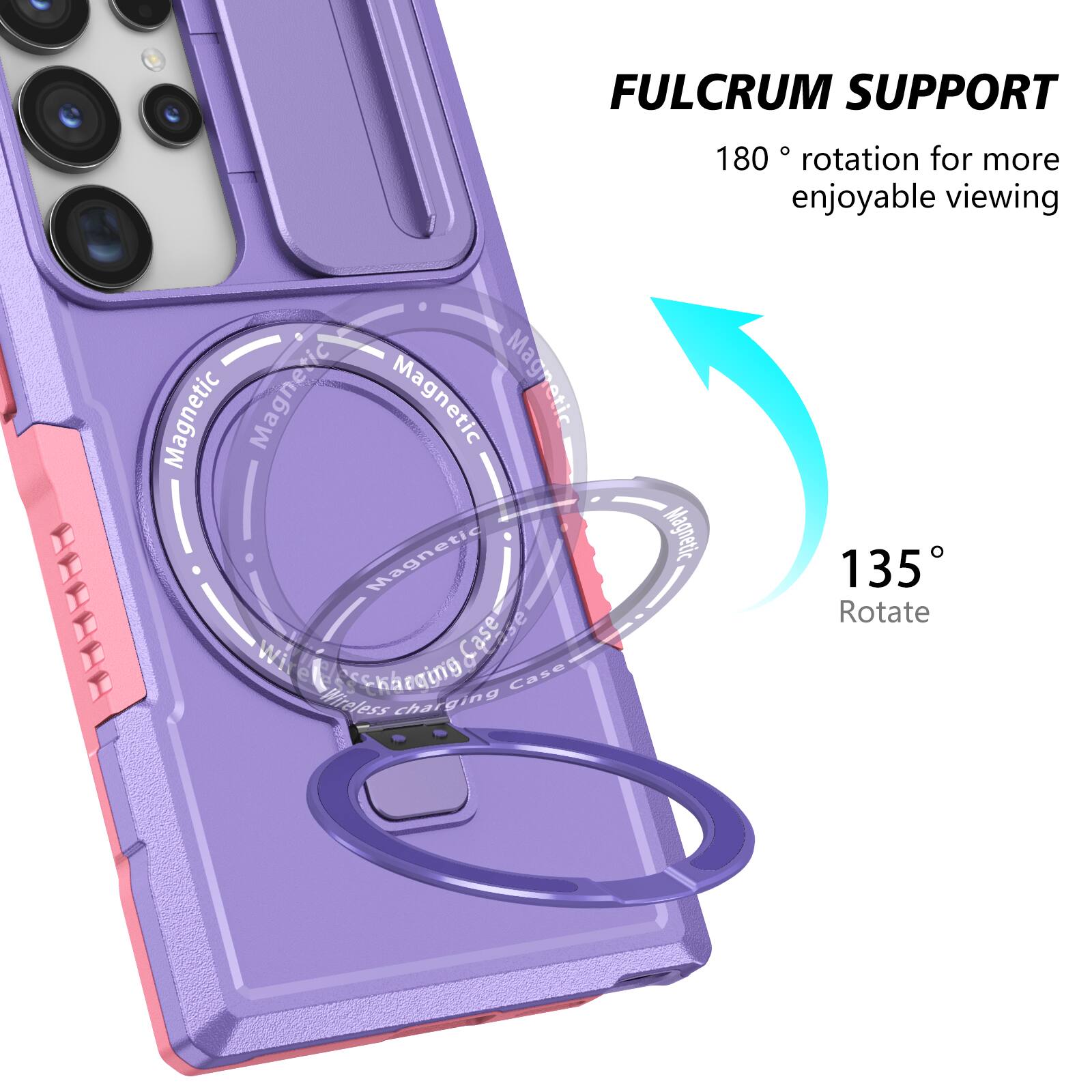 FULCRUM SUPPORT  
180° rotation for more enjoyable viewing  

Magnetic  
Wireless charging case  

135° Rotate