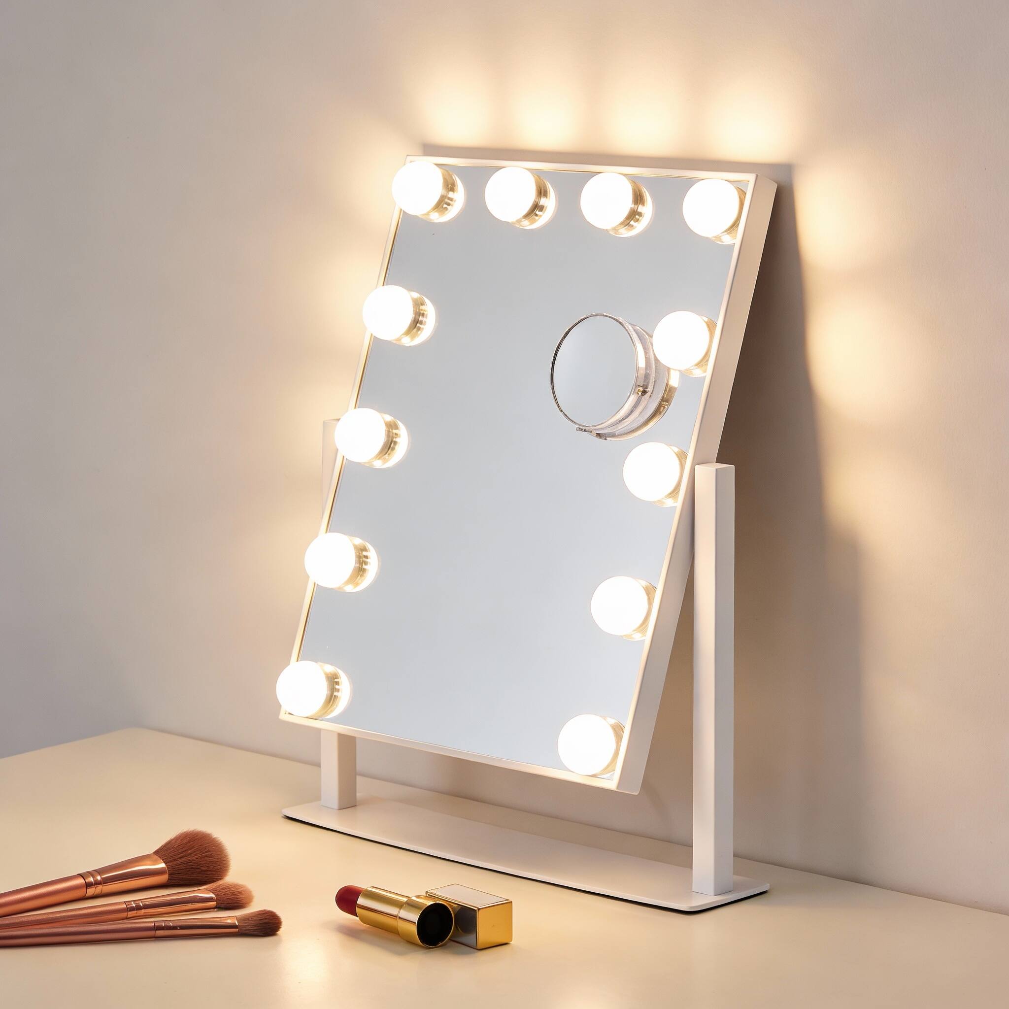 Alt View 1. PO3TICJUNKI3 - 12-Bulb Vanity Mirror with 3-Color Dimmable Lights, 5X Magnification, 360° Swivel - 18.1"L x 22.8"W.