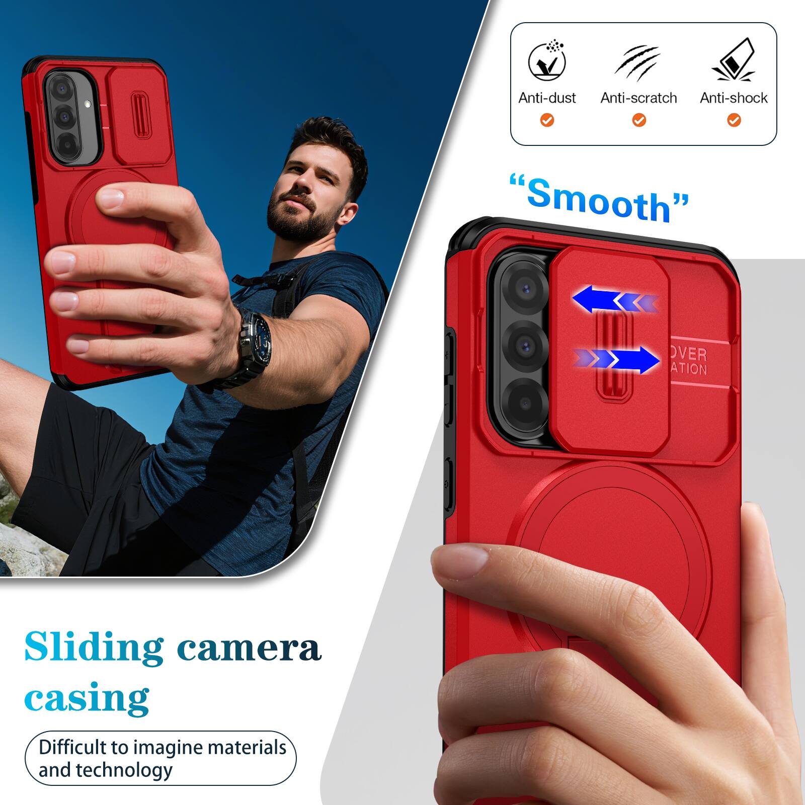 Anti-dust  
Anti-scratch  
Anti-shock  
"Smooth"  
Sliding camera casing  
Difficult to imagine materials and technology