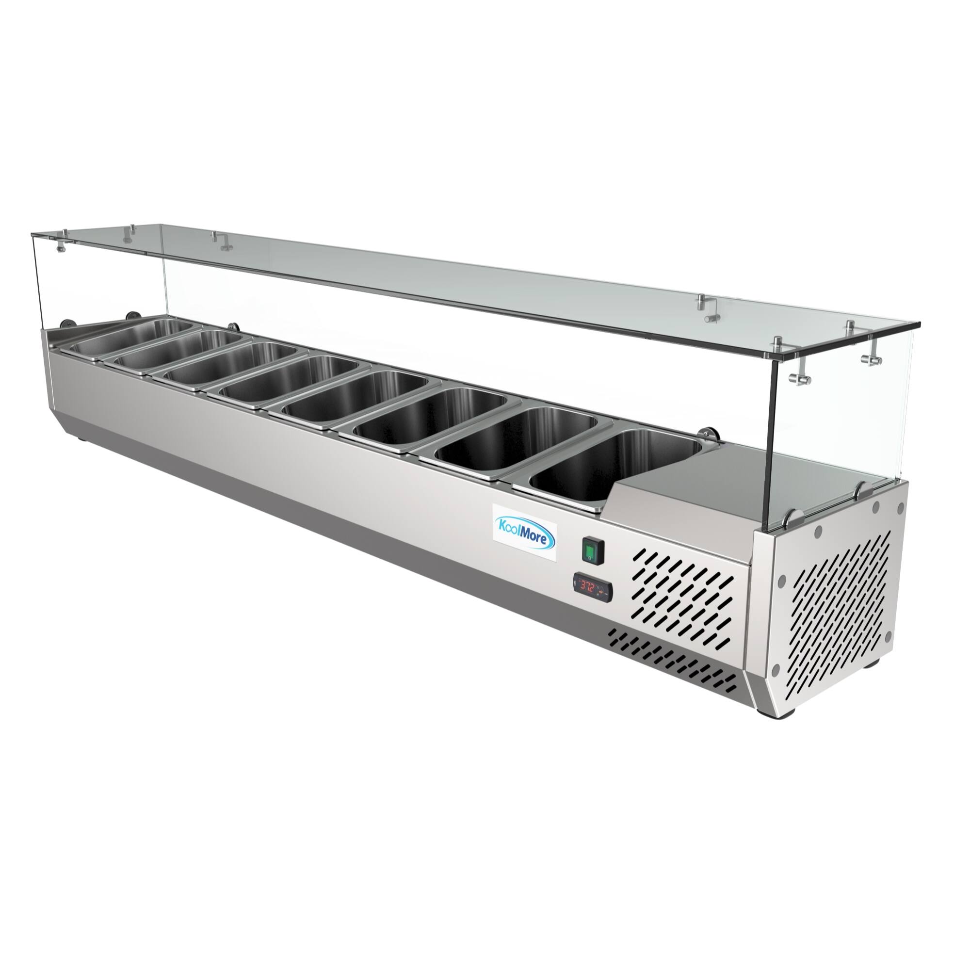 Angle. Koolmore - 71 in. Eight Pan Refrigerated Countertop Condiment Prep Station - SCDC-8P-SG - Stainless-Steel.