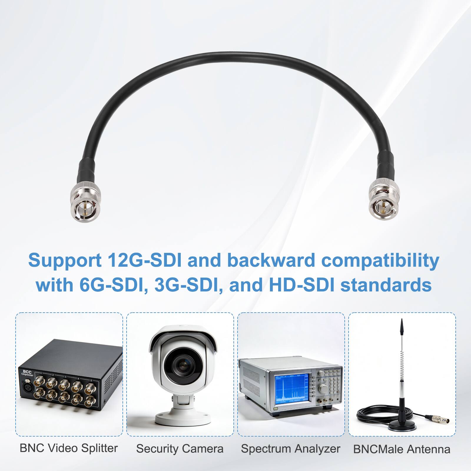 Support 12G-SDI and backward compatibility with 6G-SDI, 3G-SDI, and HD-SDI standards

BNC Video Splitter  
Security Camera  
Spectrum Analyzer  
BNC Male Antenna