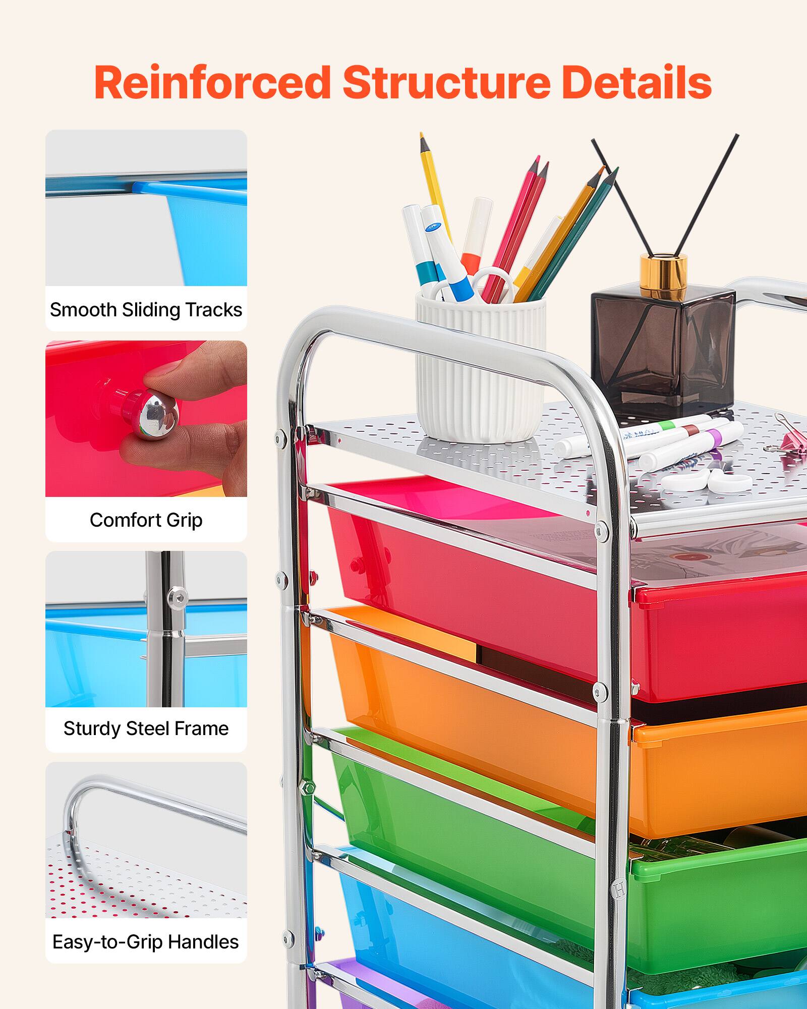 Reinforced Structure Details

- Smooth Sliding Tracks
- Comfort Grip
- Sturdy Steel Frame
- Easy-to-Grip Handles
