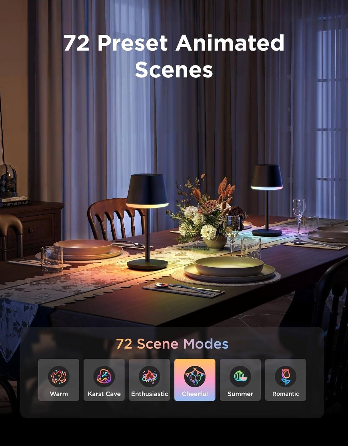 72 Preset Animated Scenes  
72 Scene Modes  
Warm  
Karst Cave  
Enthusiastic  
Cheerful  
Summer  
Romantic