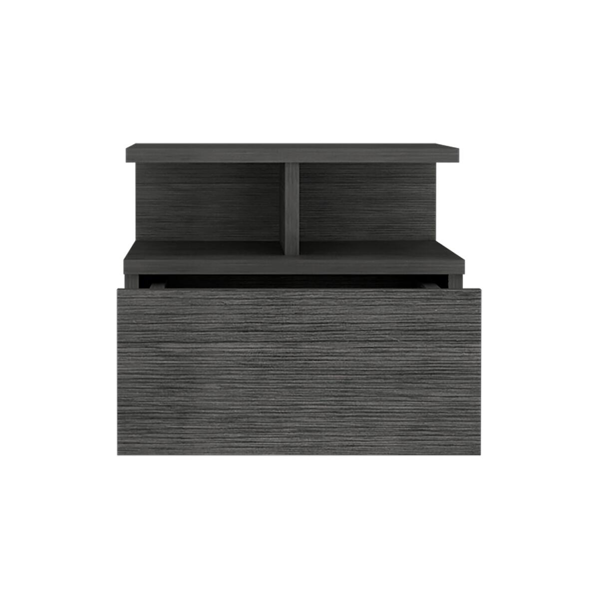 Back. Loheer - Loheer Floating Nightstand Smokey Oak Wall Mounted Bedside Table with Single Drawer and Two Tier Shelf - Smokey Oak.