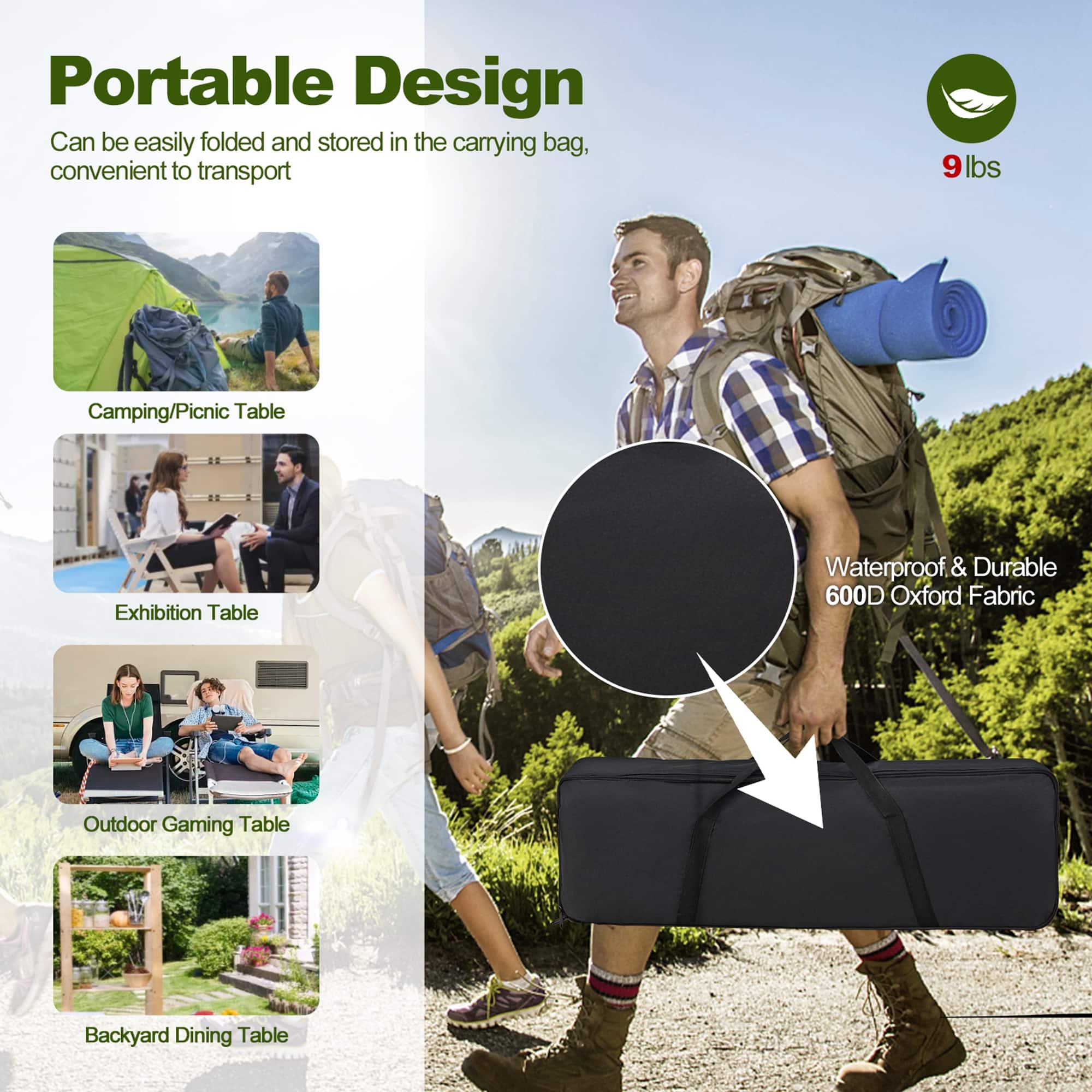 Portable Design: Can be easily folded and stored in the carrying bag, convenient to transport.
Camping/Picnic Table: Portable Design: Can be easily folded and stored in the carrying bag, convenient to transport.
Exhibition Table: Portable Design: Can be easily folded and stored in the carrying bag, convenient to transport.
Waterproof & Durable 600D Oxford Fabric Outdoor Gaming Table: Portable Design: Can be easily folded and stored in the carrying bag, convenient to transport.
Backyard Dining Table: Portable Design: Can be easily folded and stored in the carrying bag, convenient to transport.