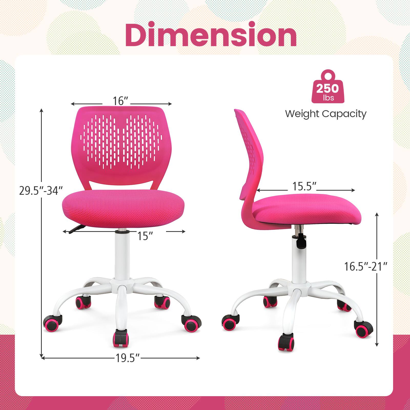 Dimension: 16" 250 Ibs Weight Capacity. 29.5"-34" 15.5" 15" 16.5"-21" 19.5".
