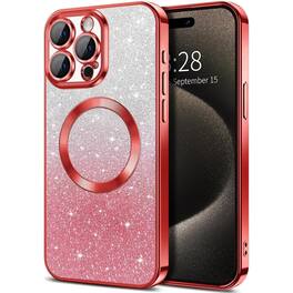 Entronix - Magnetic Case for iPhone 15 Pro Max - Clear Back Luxury Glossy Cover - Red + Glitter