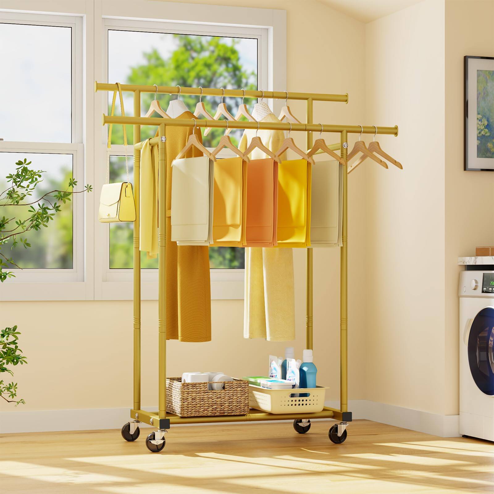 Alt View 8. Hirose Alice - Double Rods Clothes Rack  Sturdy Rolling Clothing Rack  Clothing Racks for Hanging Clothes   Metal Garment - Gold Double Rod.