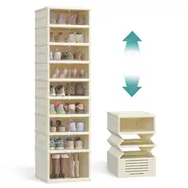 Songmics Home - Foldable Shoe Storage Organizer for Closet, Stackable Sneaker Cabinet with Magnetic Door - Cream White