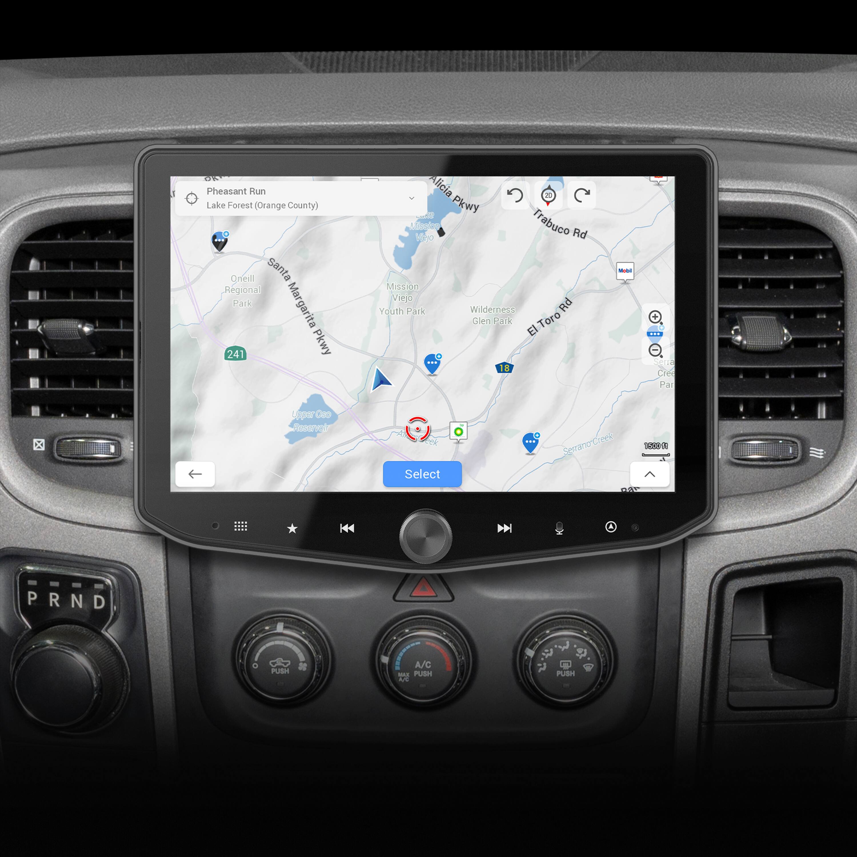 The text on the image reads: "Pheasant Run Lake Forest (Orange County) C A.. Onedll santa Regional Park Margarita 24 Pkwy Alicia 20 Plwy Meglog 1ho Trabuco Rd Mission Viejo Youth Park Wilderness Rd Glen Paik El Toro I 18 - Select mte N PRND P N D a PUSH A/C - PUSH -E PUBH."