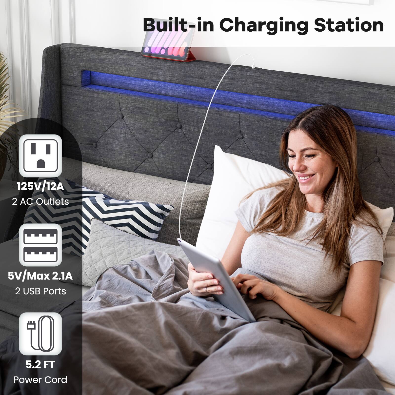 Built-in Charging Station
125V/12A
2 AC Outlets
5V/Max 2.1A
2 USB Ports
5.2 FT Power Cord