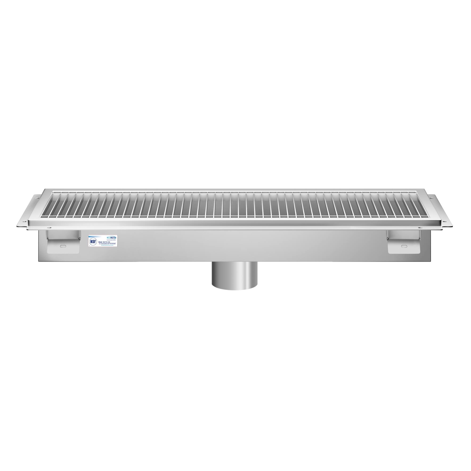 Back. Koolmore - 12" x 36" Stainless Steel Floor Trough Drain, 14-Gauge with Subway-Style Grating & Removable Drain Basket, NSF Listed - Stainless-Steel.
