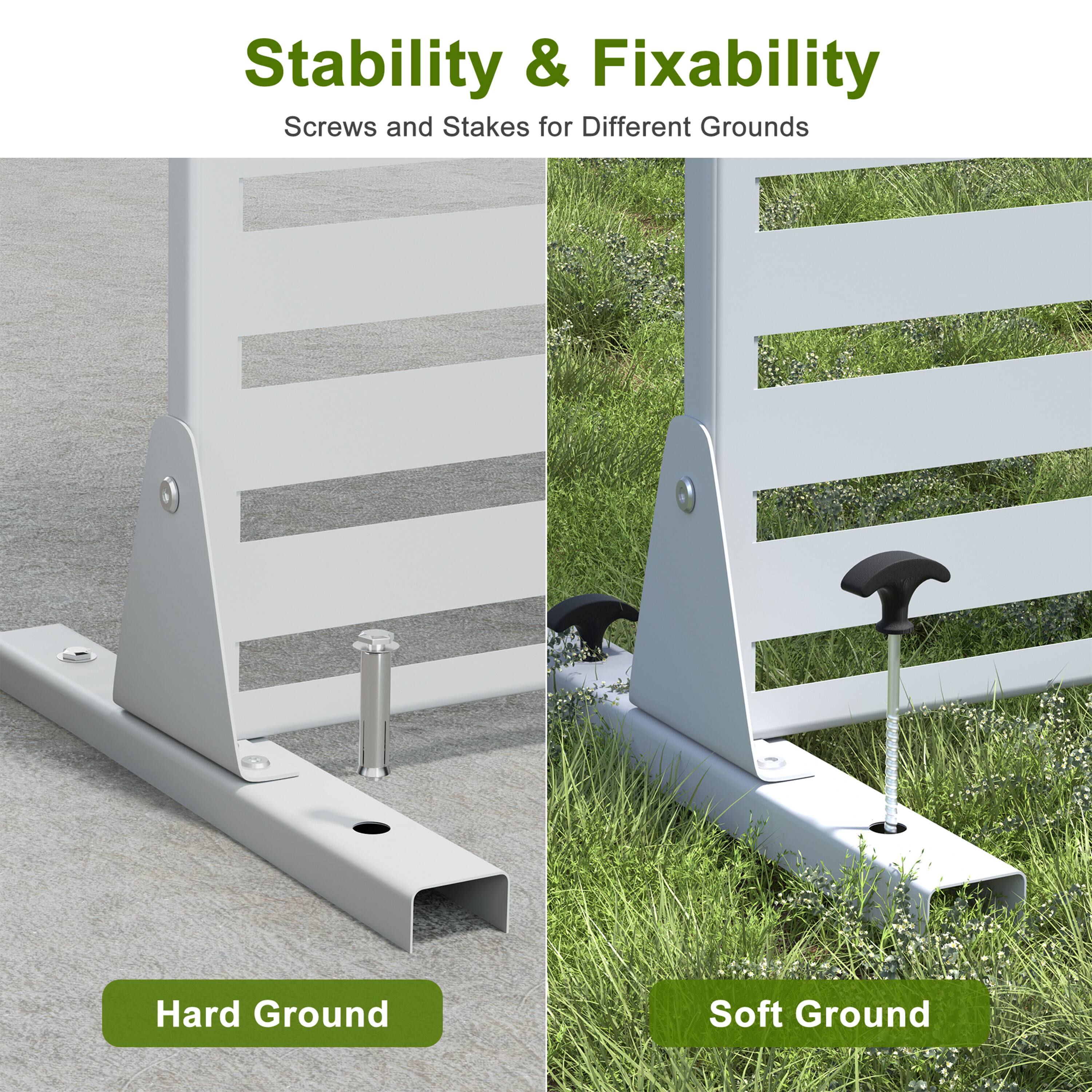 Stability & Fixability  
Screws and Stakes for Different Grounds  

Hard Ground  
Soft Ground