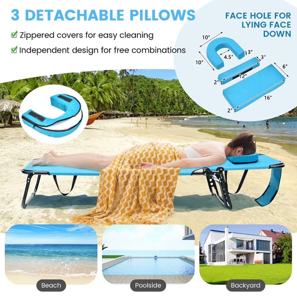 3 DETACHABLE PILLOWS  
- Zippered covers for easy cleaning  
- Independent design for free combinations  

FACE HOLE FOR LYING FACE DOWN  

10"  
4.5"  
3"  
3"  
6"  
2"  
12"  
16"  
2"  

Beach  
Poolside  
Backyard