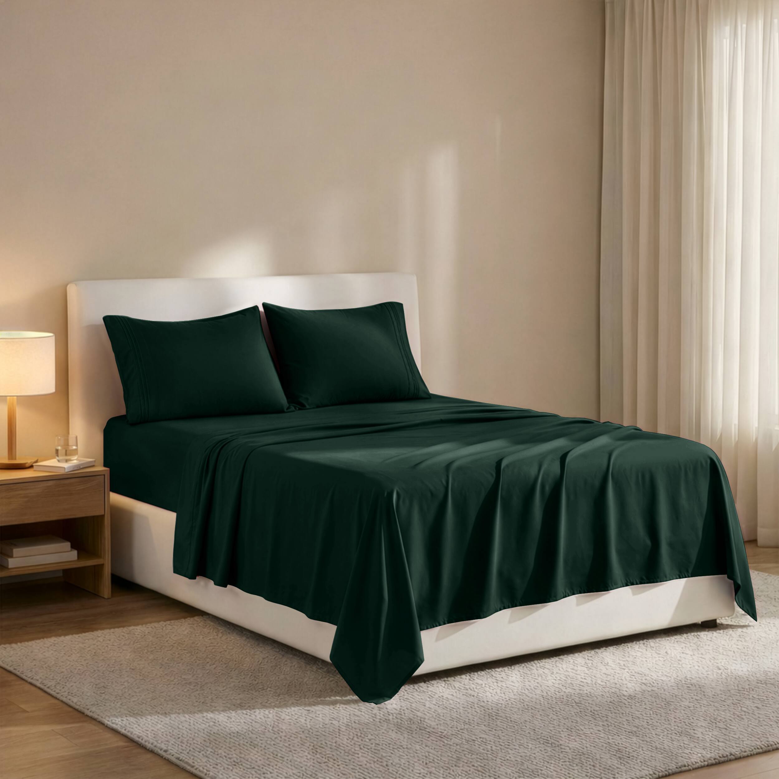 Angle. Lux Decor Collection - 4-Piece King Bed Sheet Set, Ultra Soft Microfiber, Deep Pocket, Wrinkle-Resistant, Hypoallergenic, All-Season Comfort - Emerald.