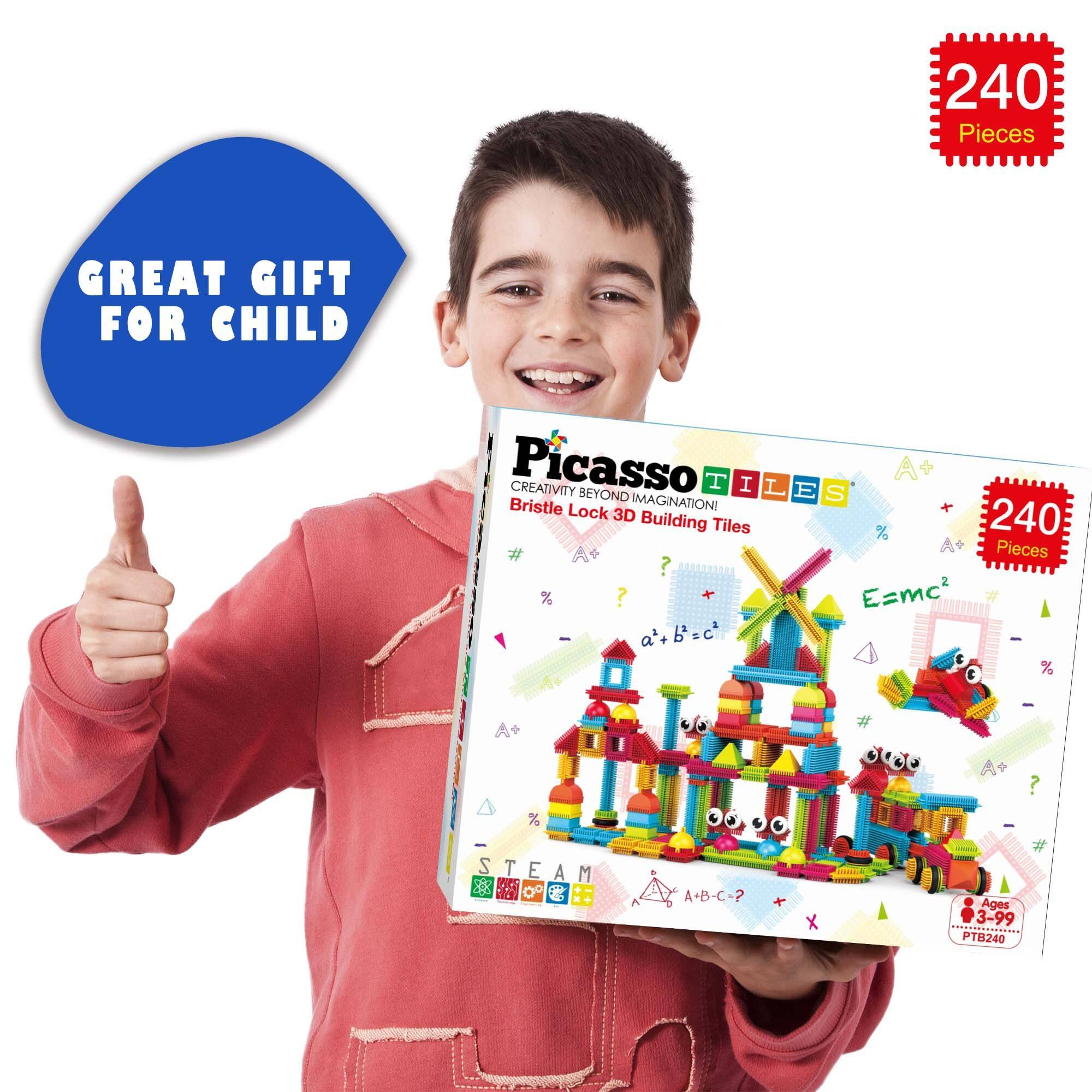240 Pieces  
GREAT GIFT FOR CHILD  
Picasso CREATIVITY BEYOND IMAGINATION!  
Bristle Lock 3D Building Tiles  
Ages 3-99  
PTB240