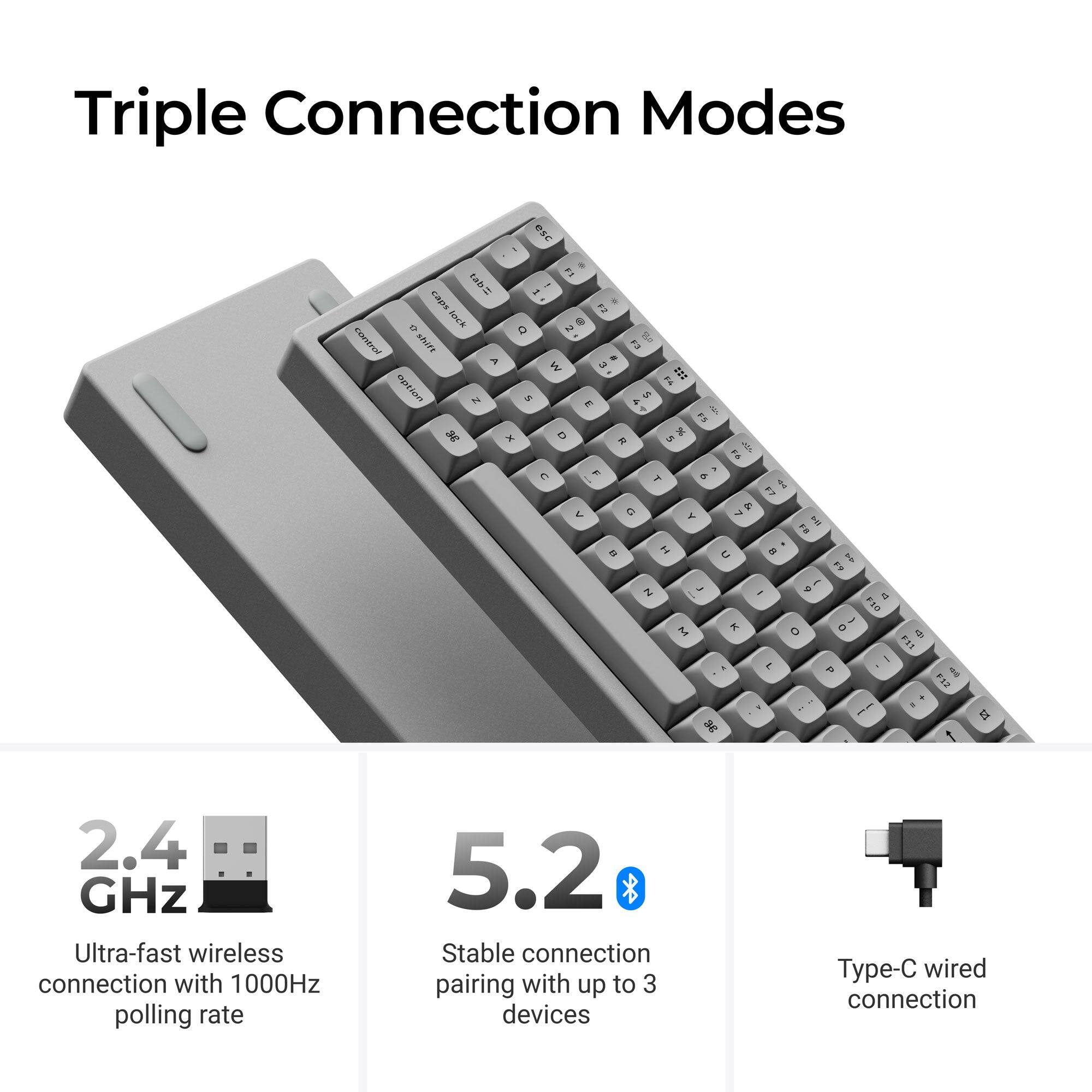 Triple Connection Modes

2.4 GHz Ultra-fast wireless connection with 1000Hz polling rate
5.2 Stable connection pairing with up to 3 devices
Type-C wired connection