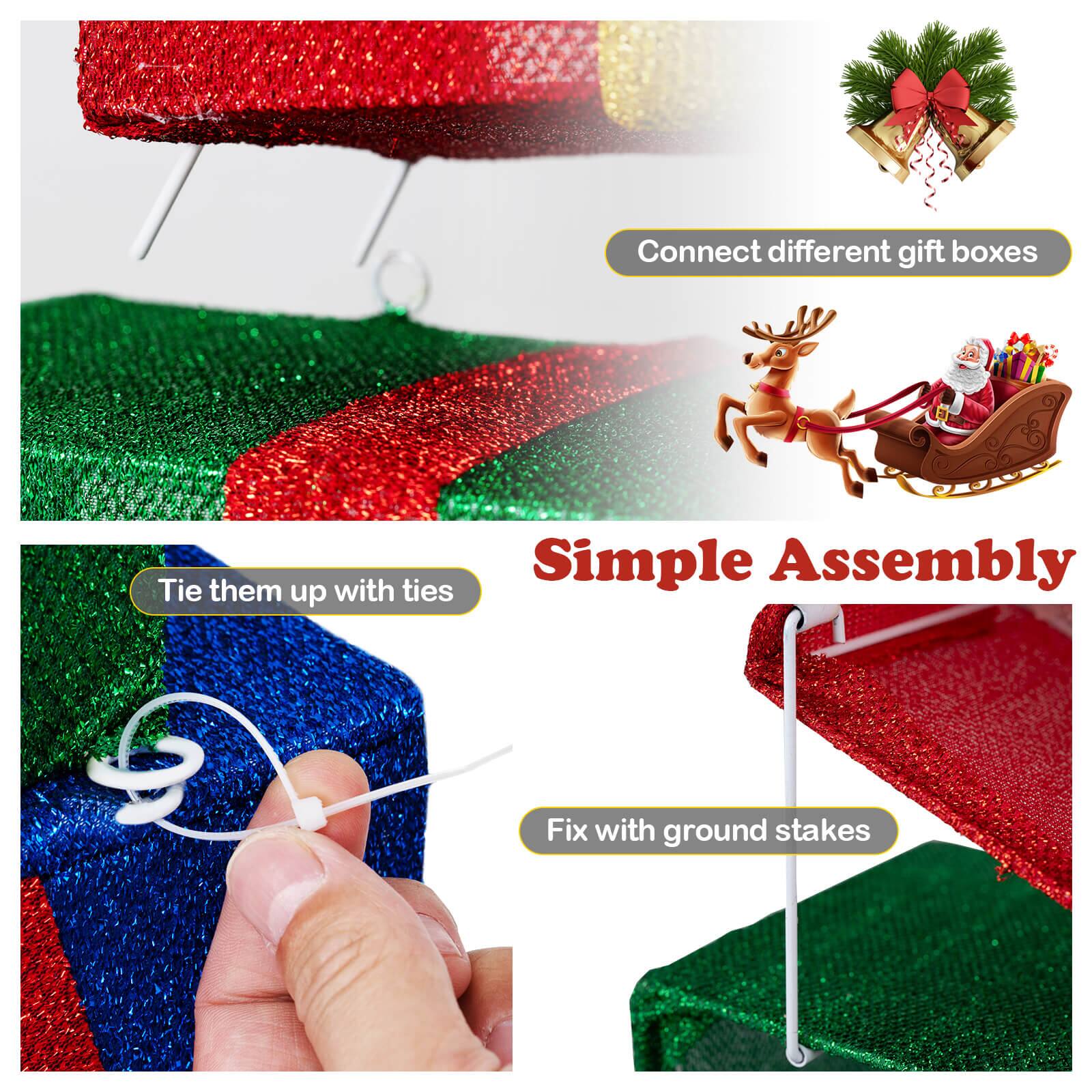 Simple Assembly

- Connect different gift boxes
- Tie them up with ties
- Fix with ground stakes
