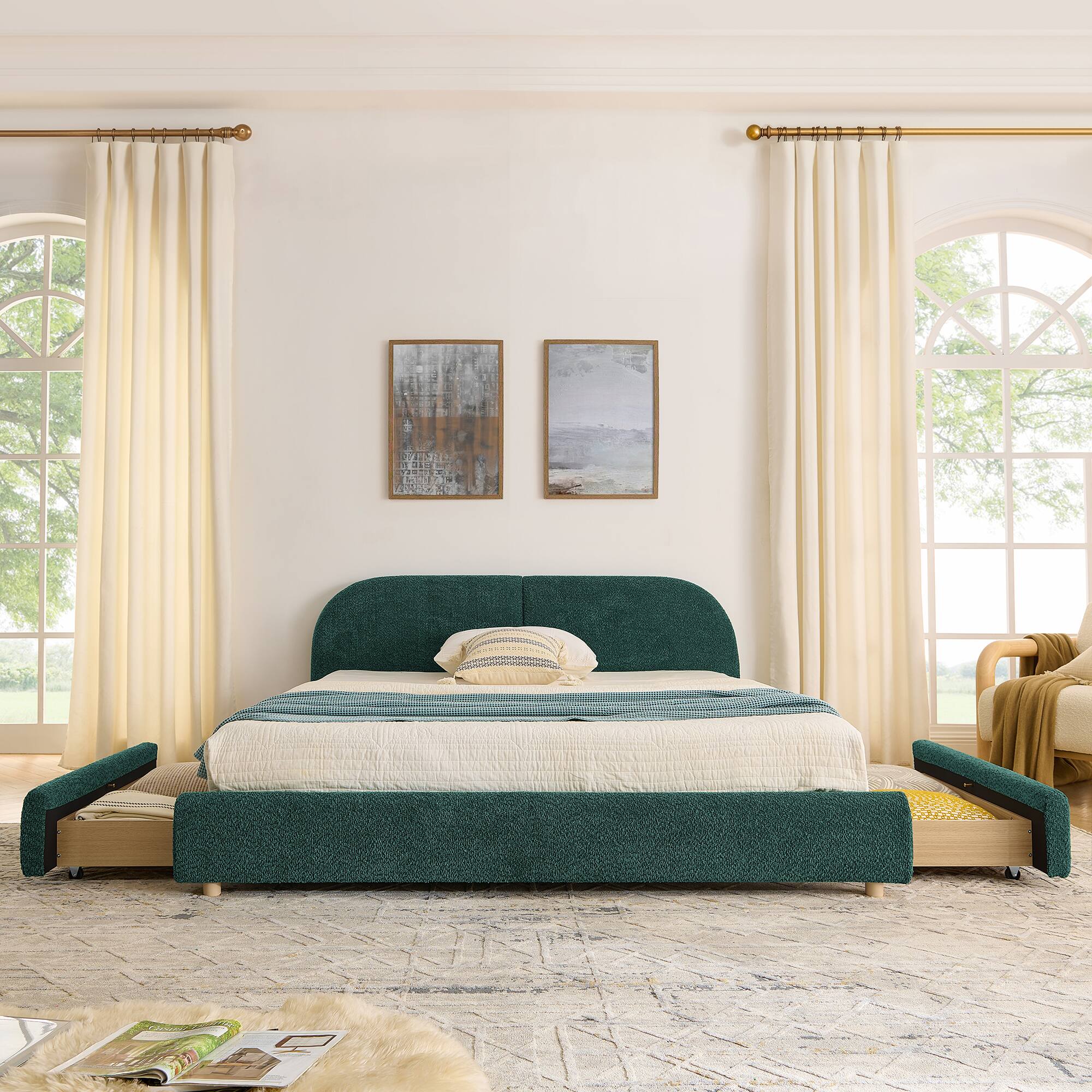 Angle. Anysun - Queen Minimalist Upholstered Bed Frame - Circle Yarn Fabric, Curved Headboard, Wheeled Drawer Storage - Green.