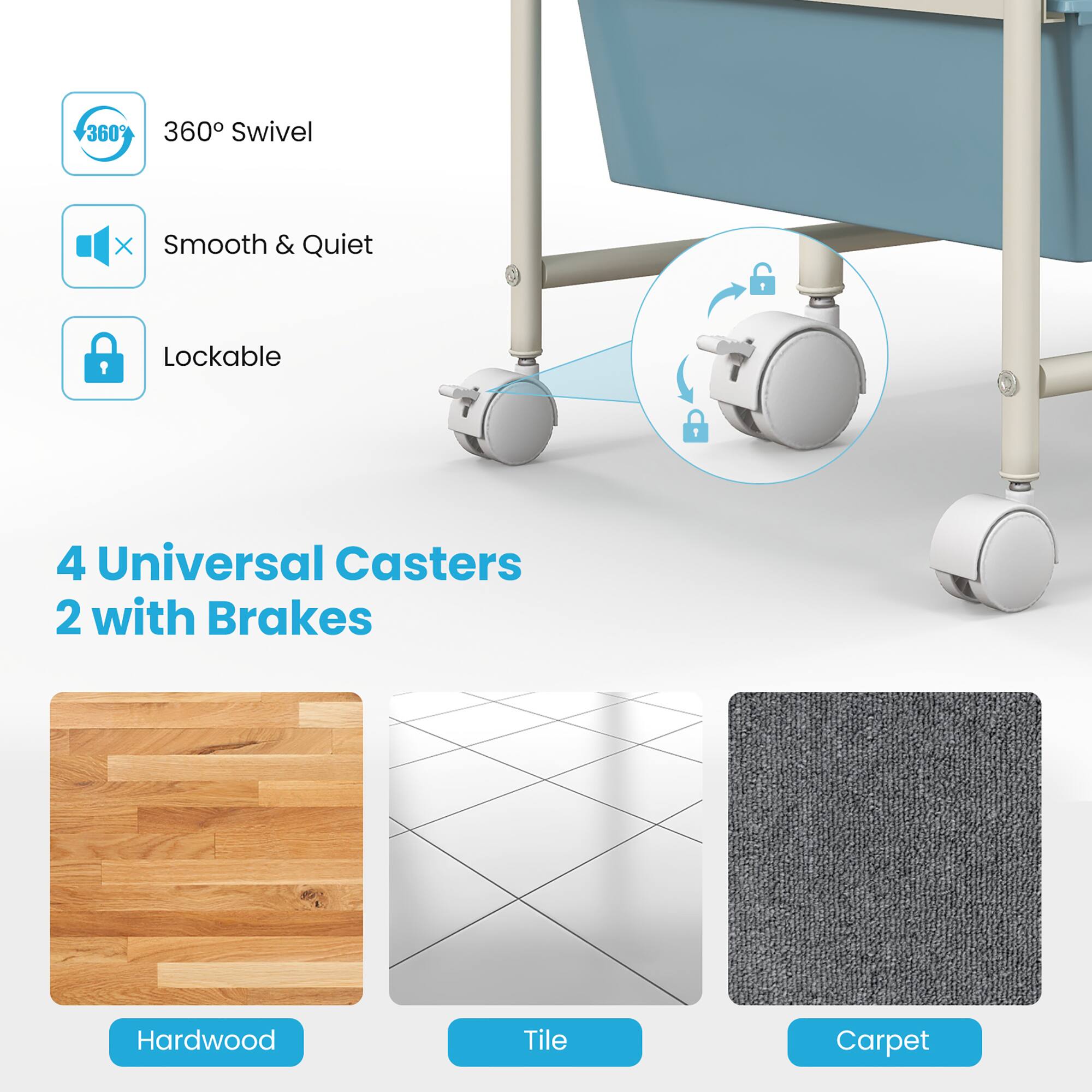 360° Swivel  
Smooth & Quiet  
Lockable  

4 Universal Casters  
2 with Brakes  

Hardwood  
Tile  
Carpet