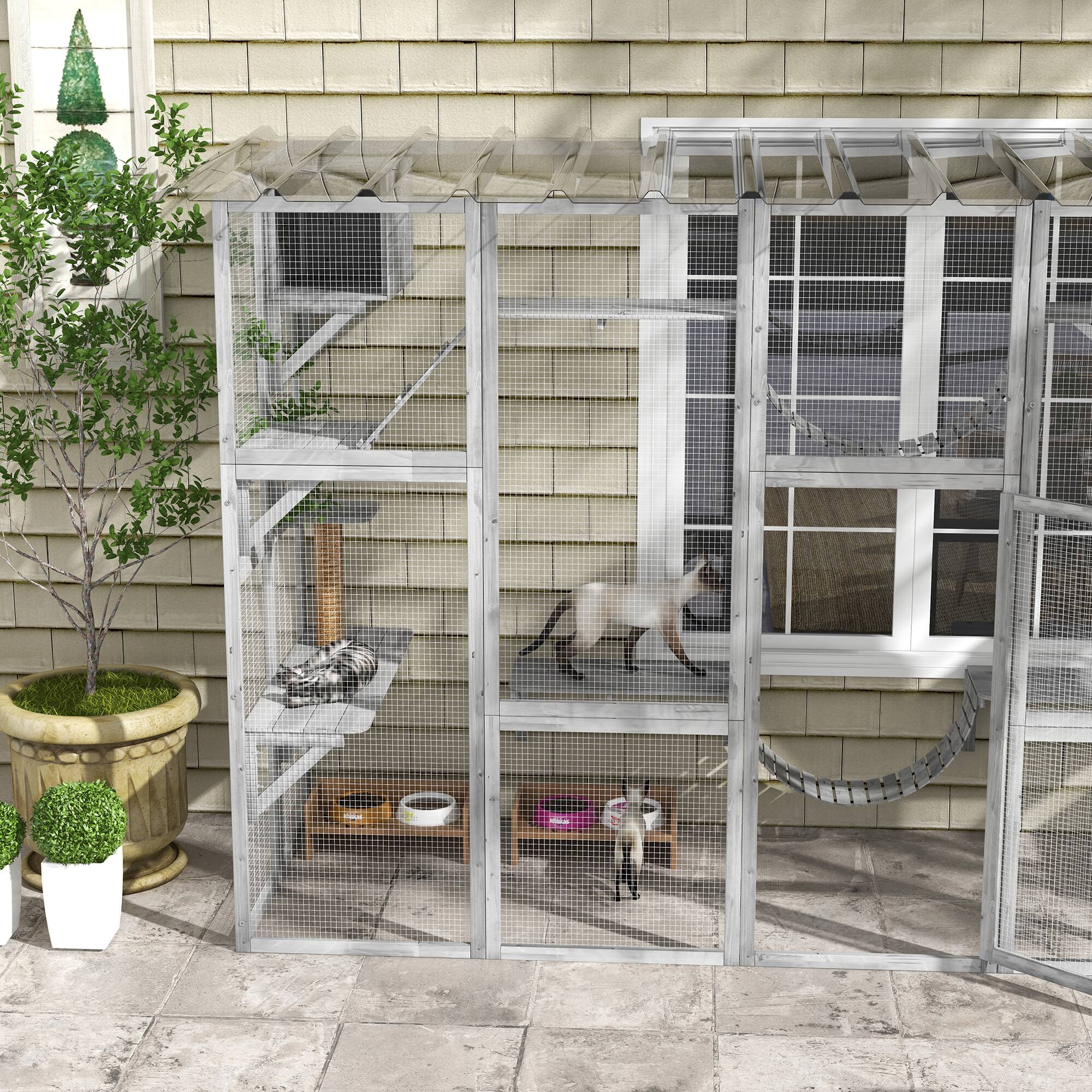 Alt View 4. Pawhut - Catio Outdoor Window Enclosure, for Multiple Kitties, Wooden Frame, Shelves & Bridges, 118"x37.5"x74".