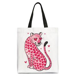 OrnamentallyYou - Pink Leopard Valentine Canvas Tote Bag, Cute Hearts Reusable Urban Bag - White Black