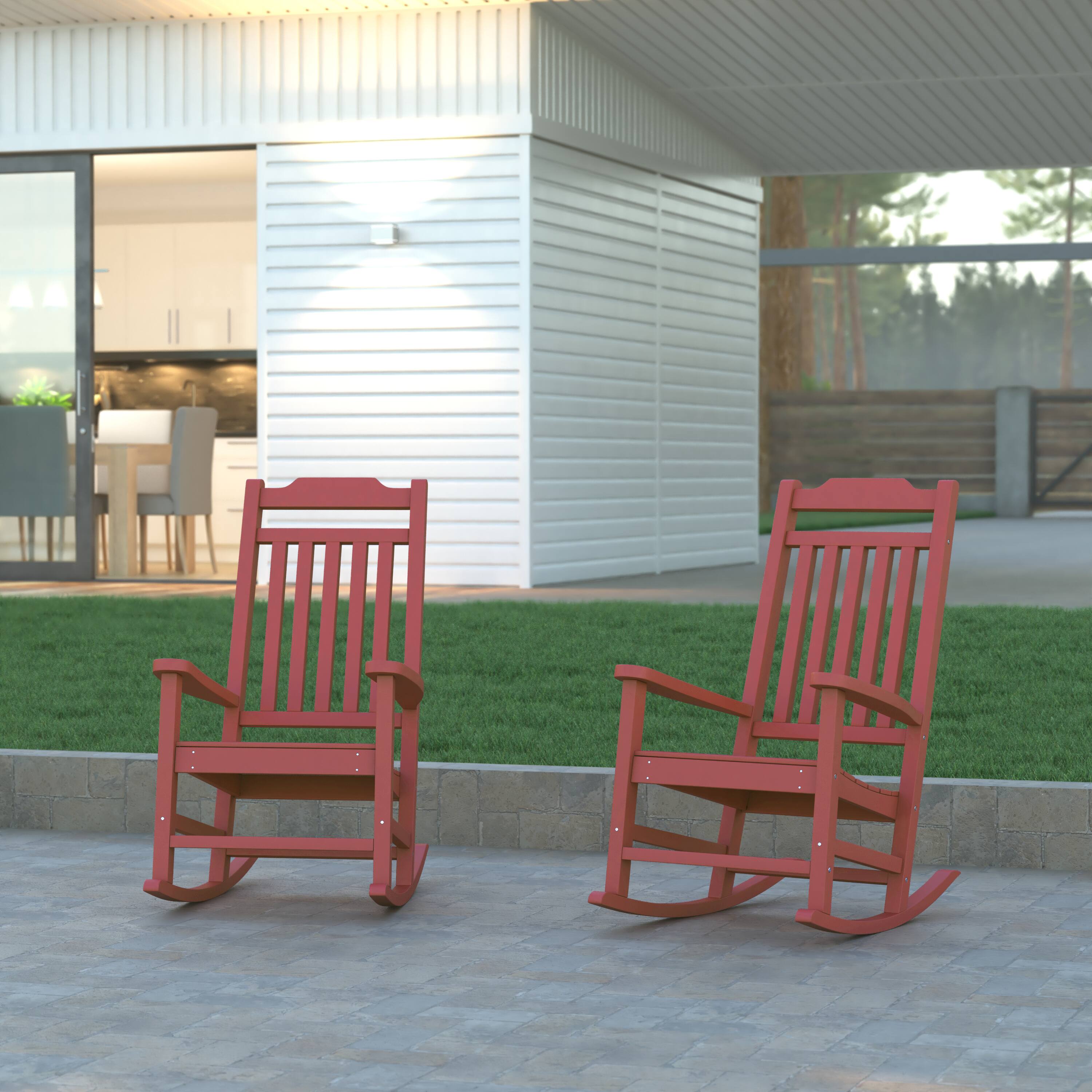Alt View 2. Emma + Oliver - Set of 2 All-Weather Poly Resin Faux Wood Rocking Chairs for Porch &Patio - Red.