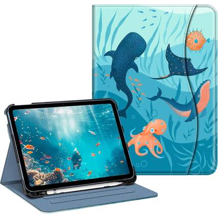 Front. Kitcheniva - iPad 10th Generation 2022 Case With Stand And Pocket 10.9'' Blue Ocean - Blue Ocean.