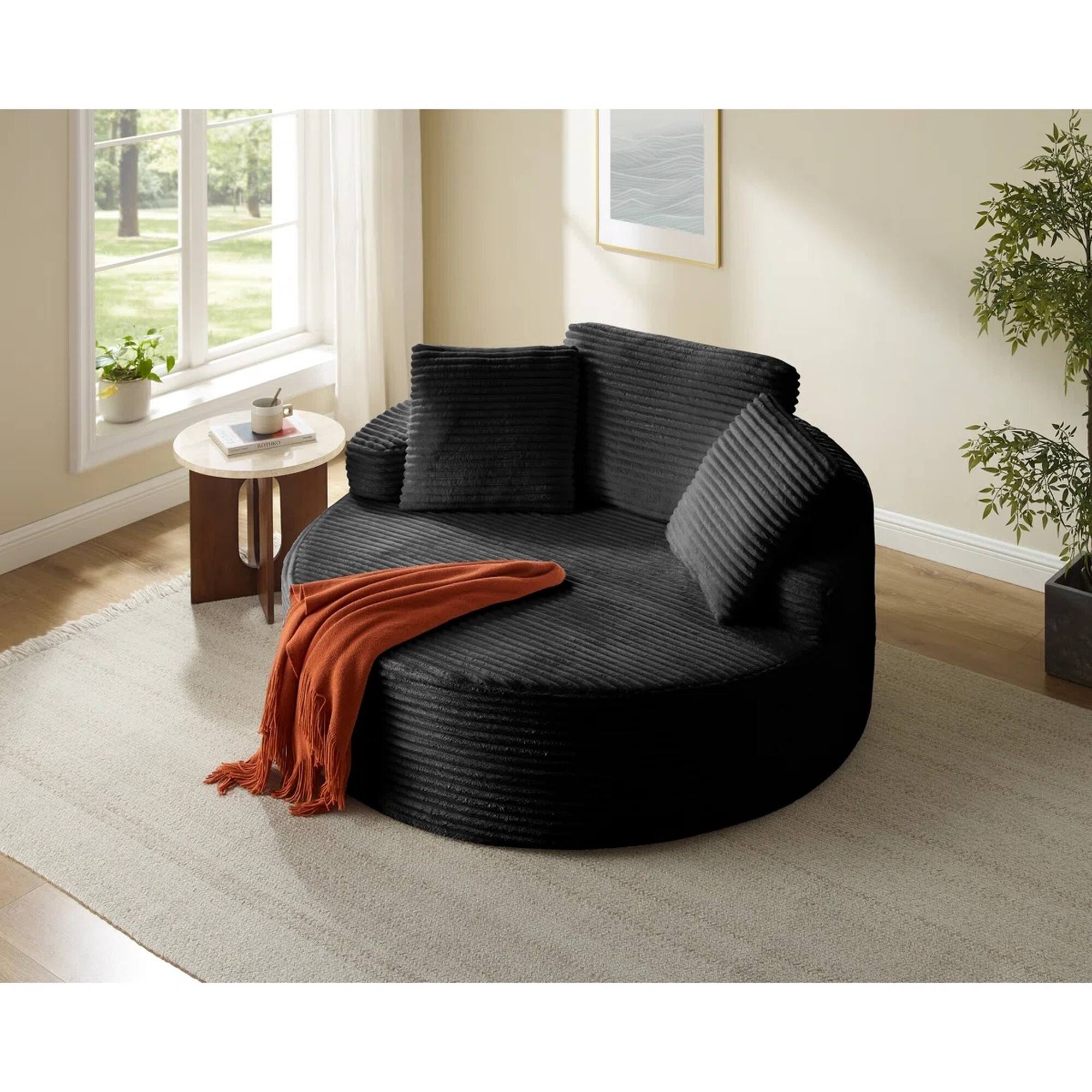 Angle. Yardgrace - Oversized 55.1" Round Corduroy Chaise Lounge – Deep Seat Cloud Sofa, No Assembly Needed - Black.