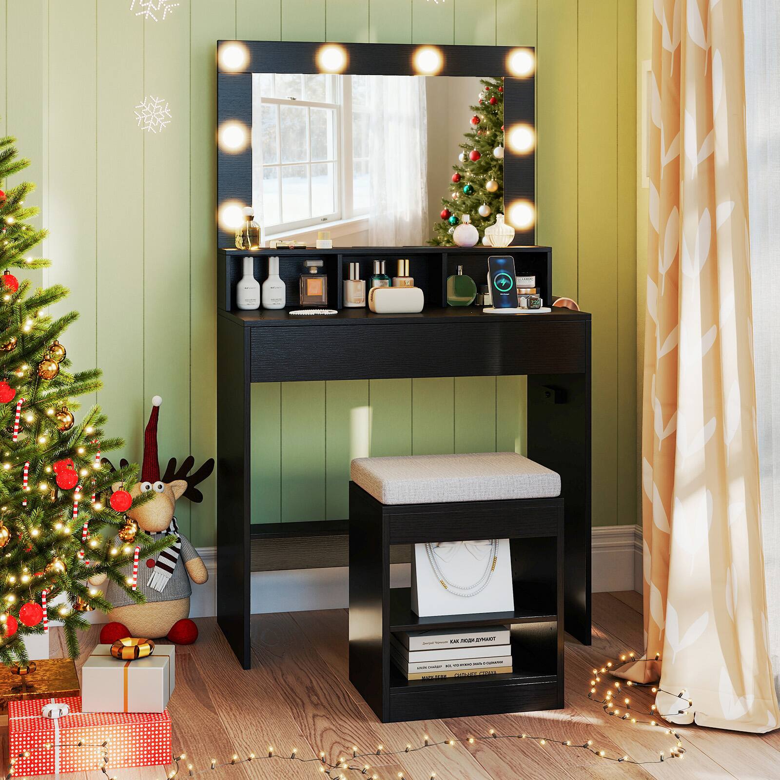 Alt View 3. Gymax - Gymax Vanity Desk Set w/ Mirror & Lights 31.5'' Small Makeup Table for Bedroom - Black.