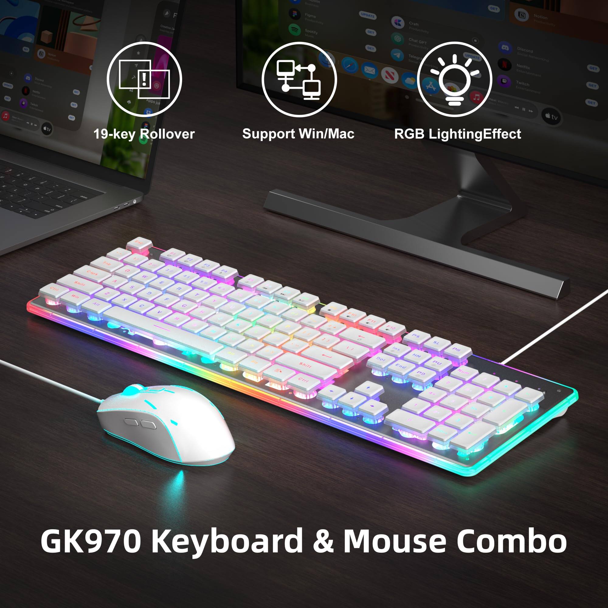 GK970 Keyboard & Mouse Combo

19-key Rollover

Support Win/Mac

RGB Lighting Effect