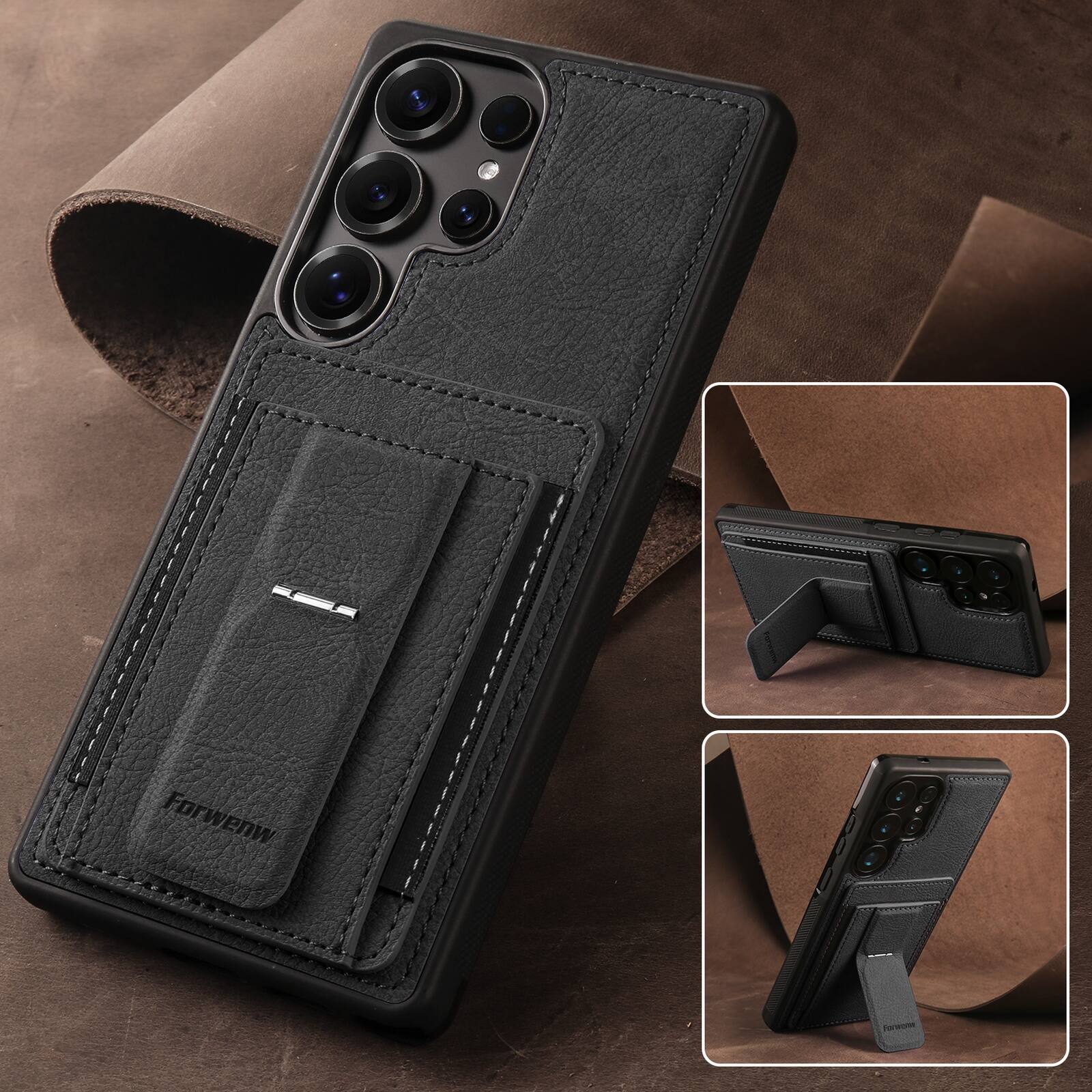 Alt View 2. Dteck - Slim Card Holder Case for Samsung Galaxy S26 Ultra, Shockproof Wallet Protective Cover with Kickstand - Black.
