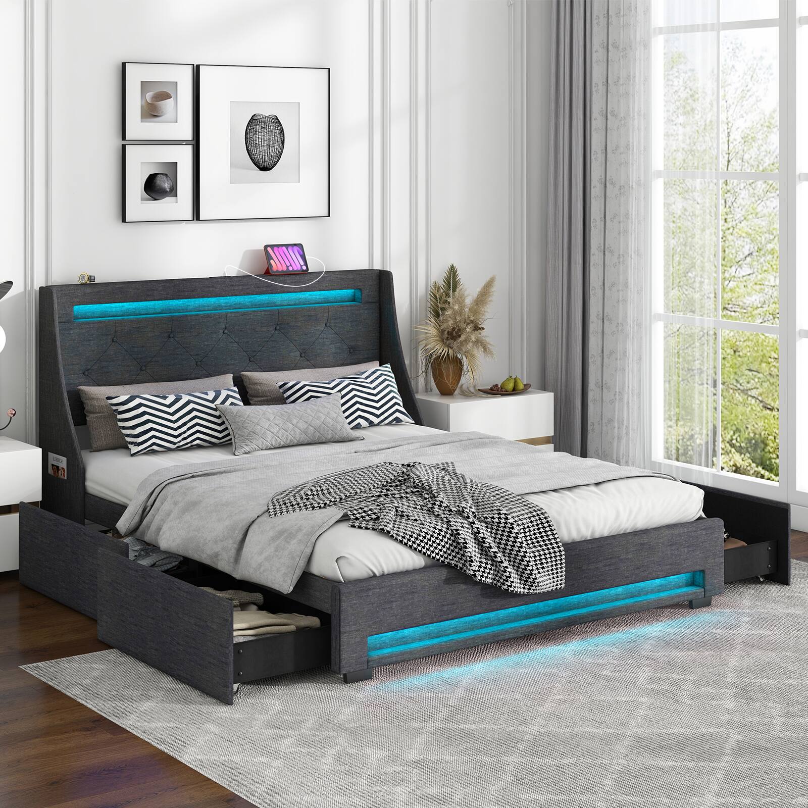 Alt View 5. LUCKY ONE - Queen Assembled Upholstered Platform Bed Frame with LED Lights Charging Station Wingback Headboard - Grey.