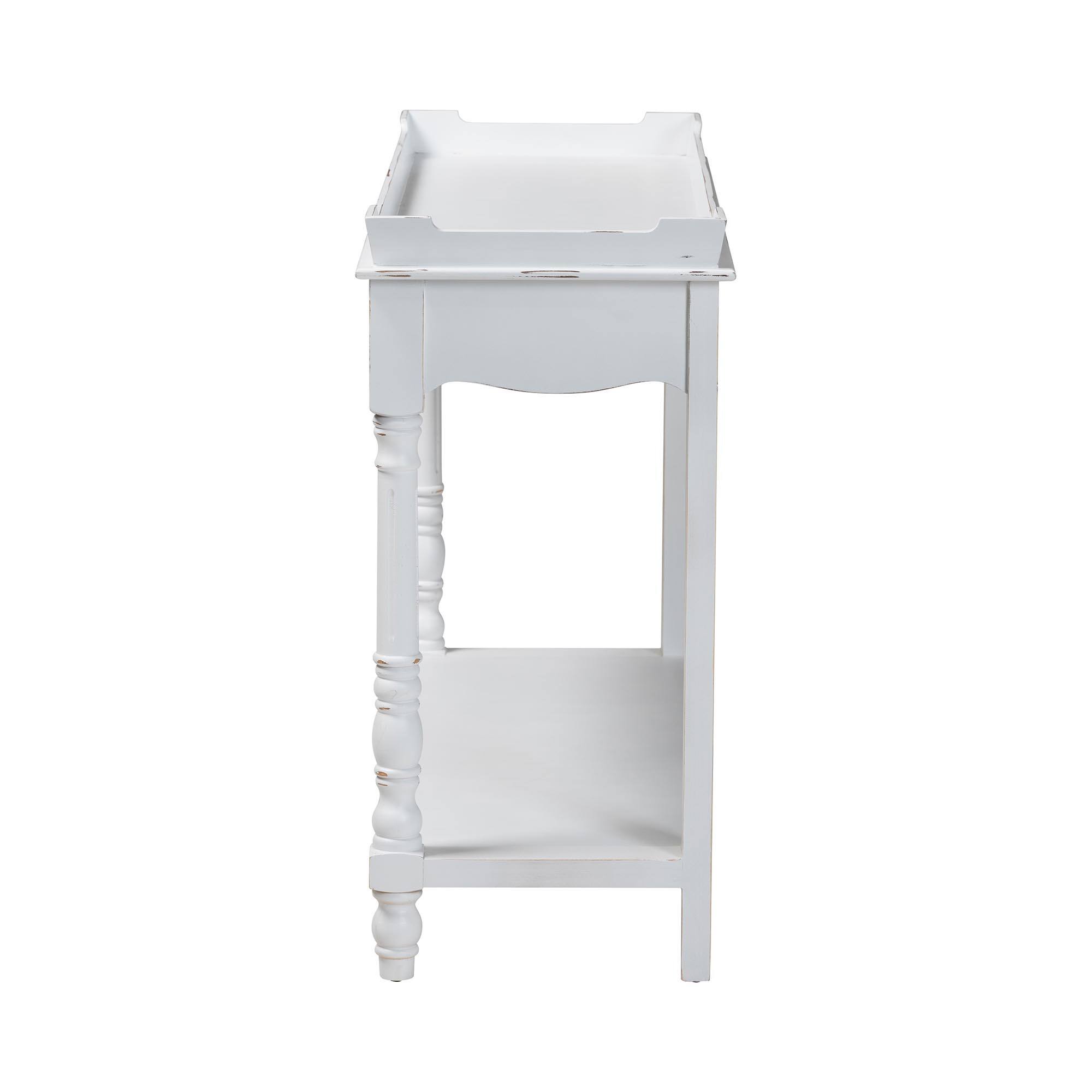 Left. Baxton Studio - Rafferty Distressed Console Table - Vintage-Inspired Accent Table with Ornate Carved Apron and Lower Shelf - White.