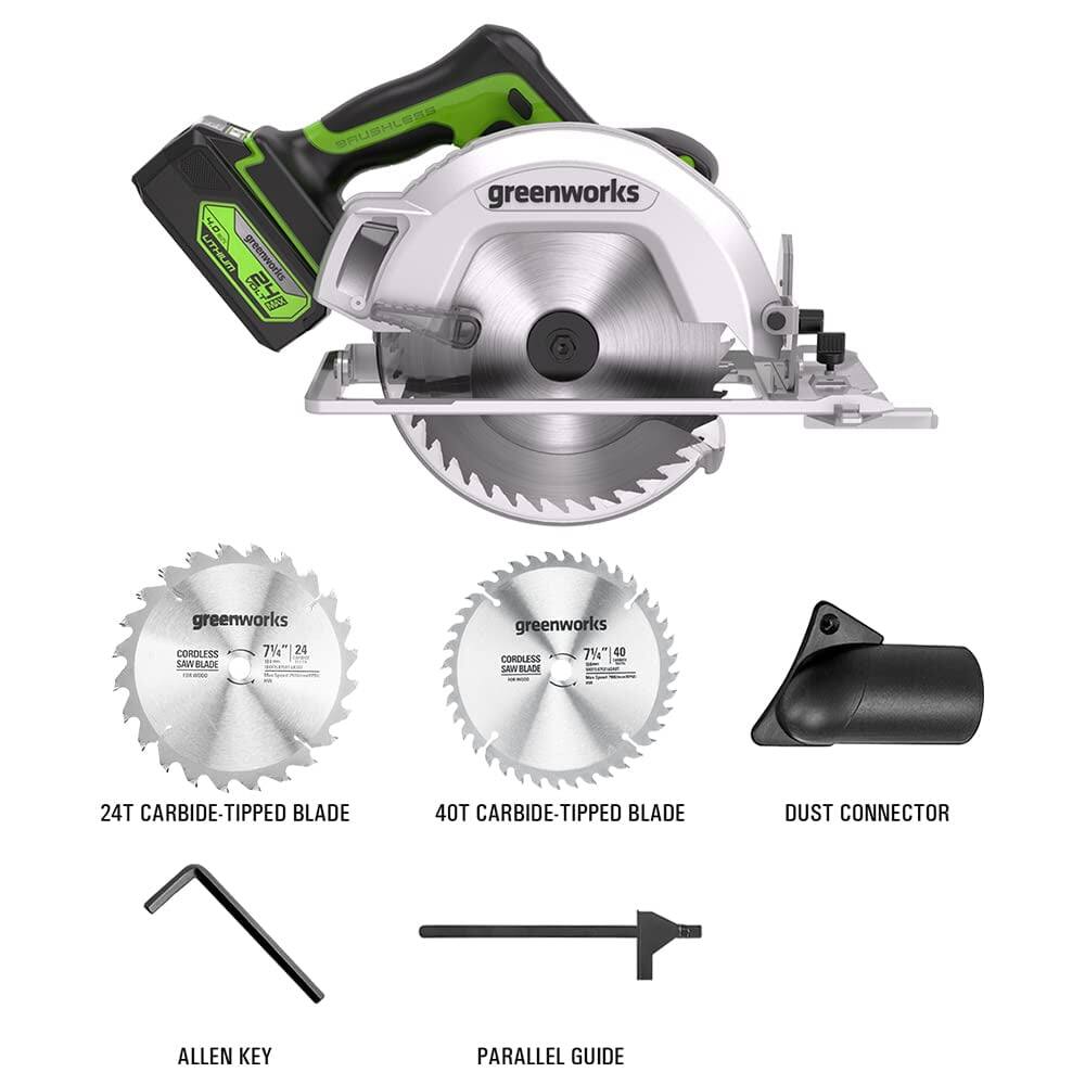 - Greenworks 7¼" 24T Carbide-Tipped Blade
- Greenworks 7¼" 40T Carbide-Tipped Blade
- Dust Connector
- Allen Key
- Parallel Guide