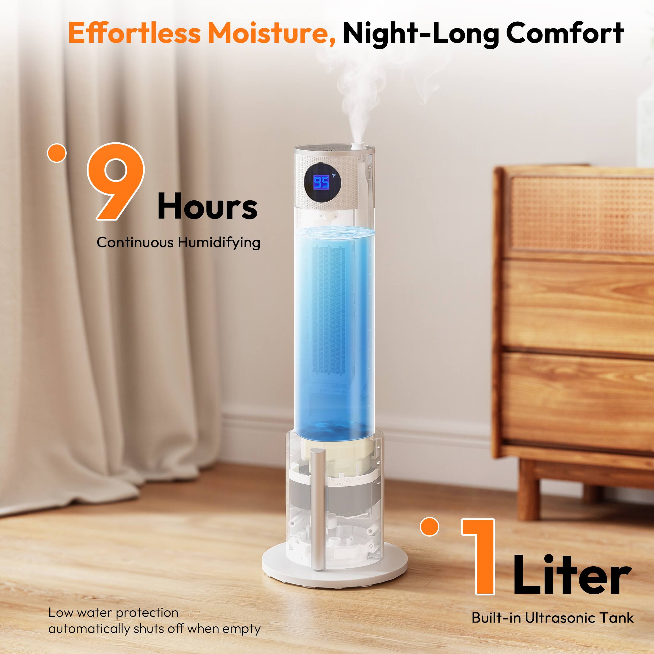 Effortless Moisture, Night-Long Comfort

- 9 Hours Continuous Humidifying
- 1 Liter Built-in Ultrasonic Tank
- Low water protection automatically shuts off when empty