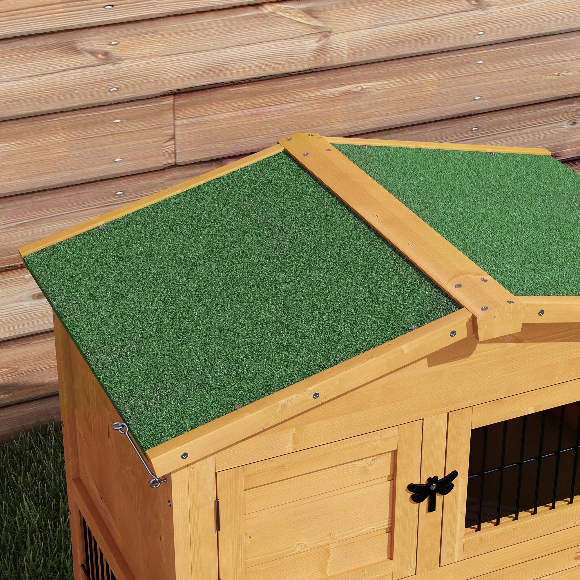 Alt View 4. Pawhut - 59" Wooden 2 Levels Outdoor Rabbit Hutch with Openable Top, Run Weatherproof Roof, Removable Tray, Ramp.