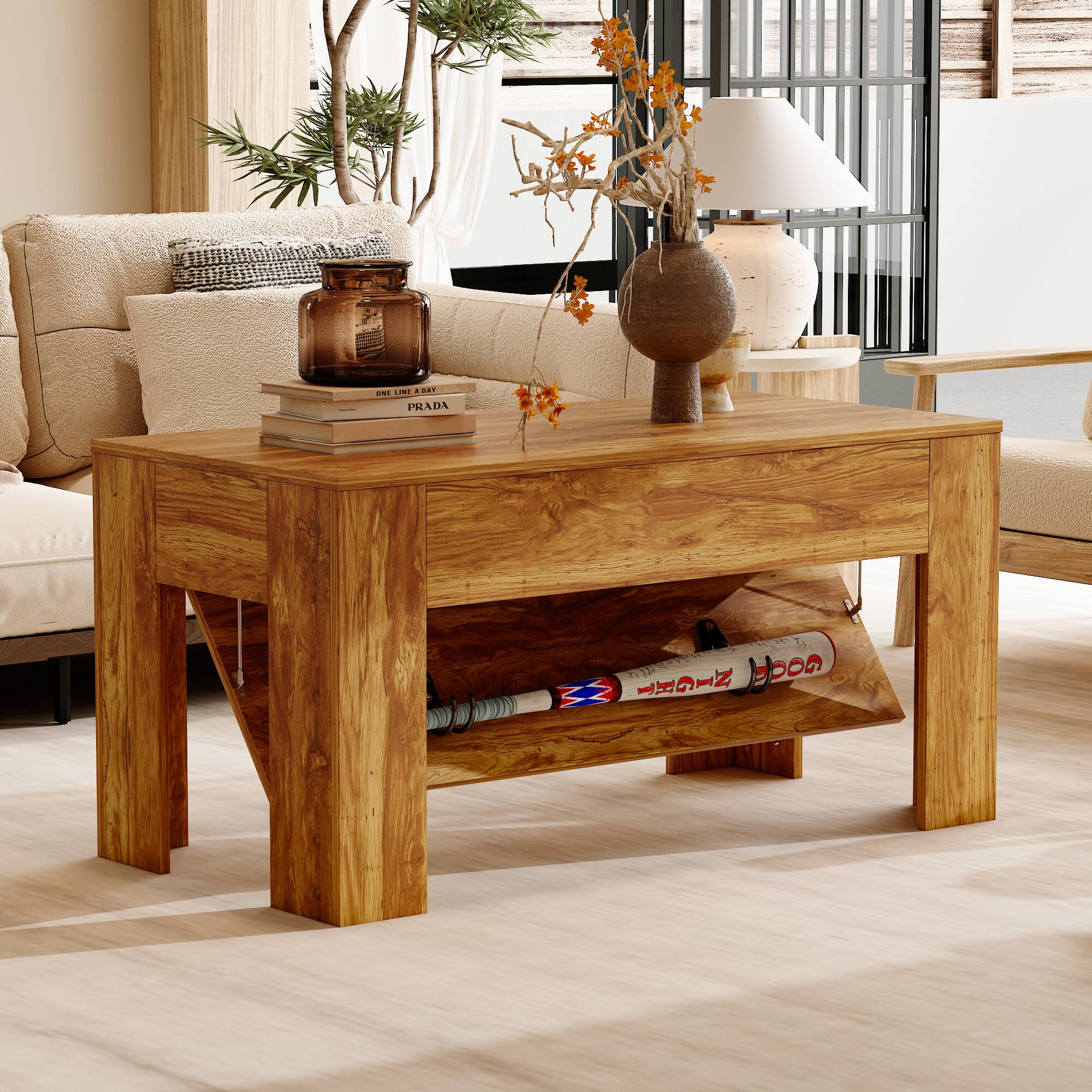 FUFU & GAGA - Hidden Storage Coffee Table with Secret Compartments for Living Room, Modern Minimalist Design - Wooden