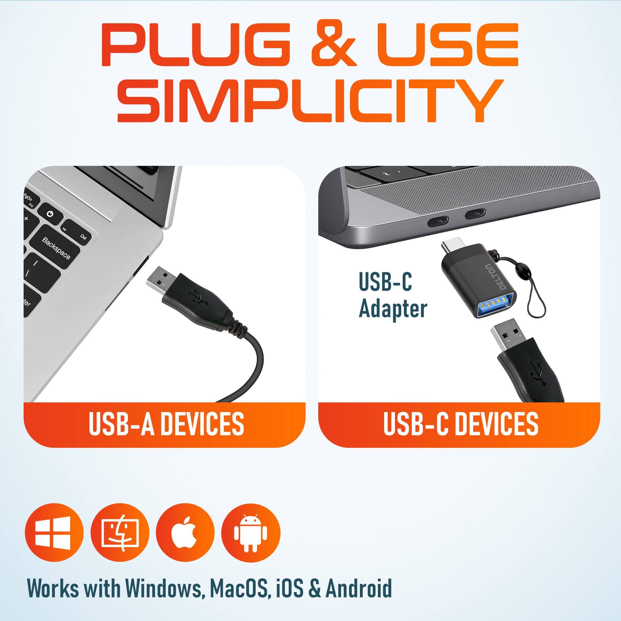 PLUG & USE SIMPLICITY - USB-A DEVICES USB-C DEVICES Works with Windows, MacOS, iOS & Android