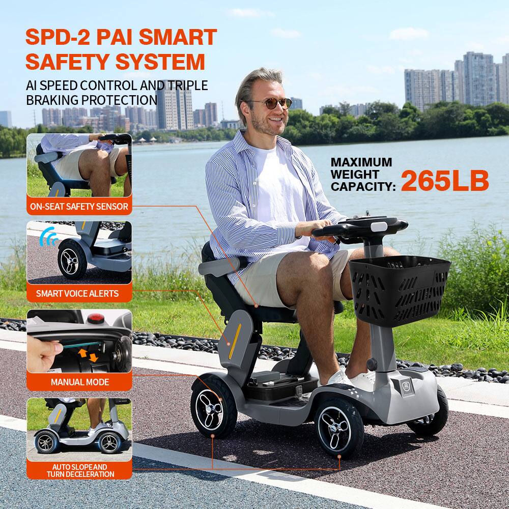 SPD-2 PAI SMART SAFETY SYSTEM  
AI SPEED CONTROL AND TRIPLE BRAKING PROTECTION  
ON-SEAT SAFETY SENSOR  
MAXIMUM WEIGHT CAPACITY: 265LB  
SMART VOICE ALERTS  
MANUAL MODE  
AUTO SLOPE AND TURN DECELERATION