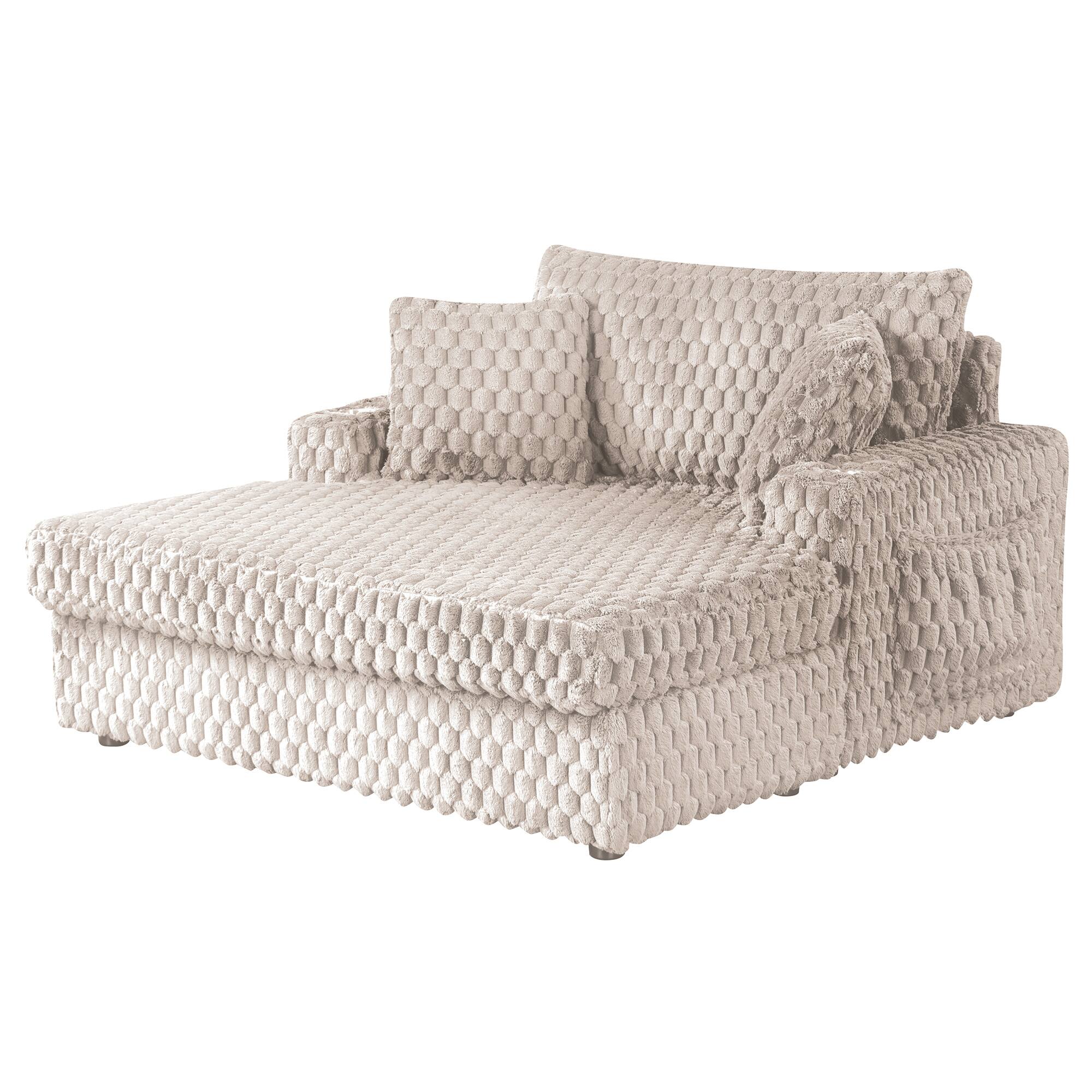 Alt View 2. Vaczon - Oversized Chaise Lounge Chair with 2 Cup Holders and Magazine Pocket, Plush Textured Upholstery for Living Room Bedroom - Light Beige.