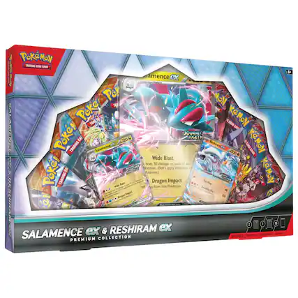 **Pokémon Trading Card Game**
**Salamence ex & Reshiram ex Premium Collection**
**Includes:**
- 6 Premium Cards
- 10 Stickers
**Salamence ex**
- From Pokémon Shalagon
- HP: 320
- Wide Blast: Does 50 damage to each of your opponent's Pokémon. (Don't apply Weakness and Resistance from this Pokémon.)
- Dragon Impact: Fire Wing does 300 damage. Searching Fire energy from your discard pile and attaching it to this Pokémon.
**Reshiram ex**
- From Pokémon Shalagon
- HP: 300
- Fire Wing: Does 40 damage.
**Other Cards:**
- Wide Blast
- Dragon Impact
**Age Recommendation: 6+**