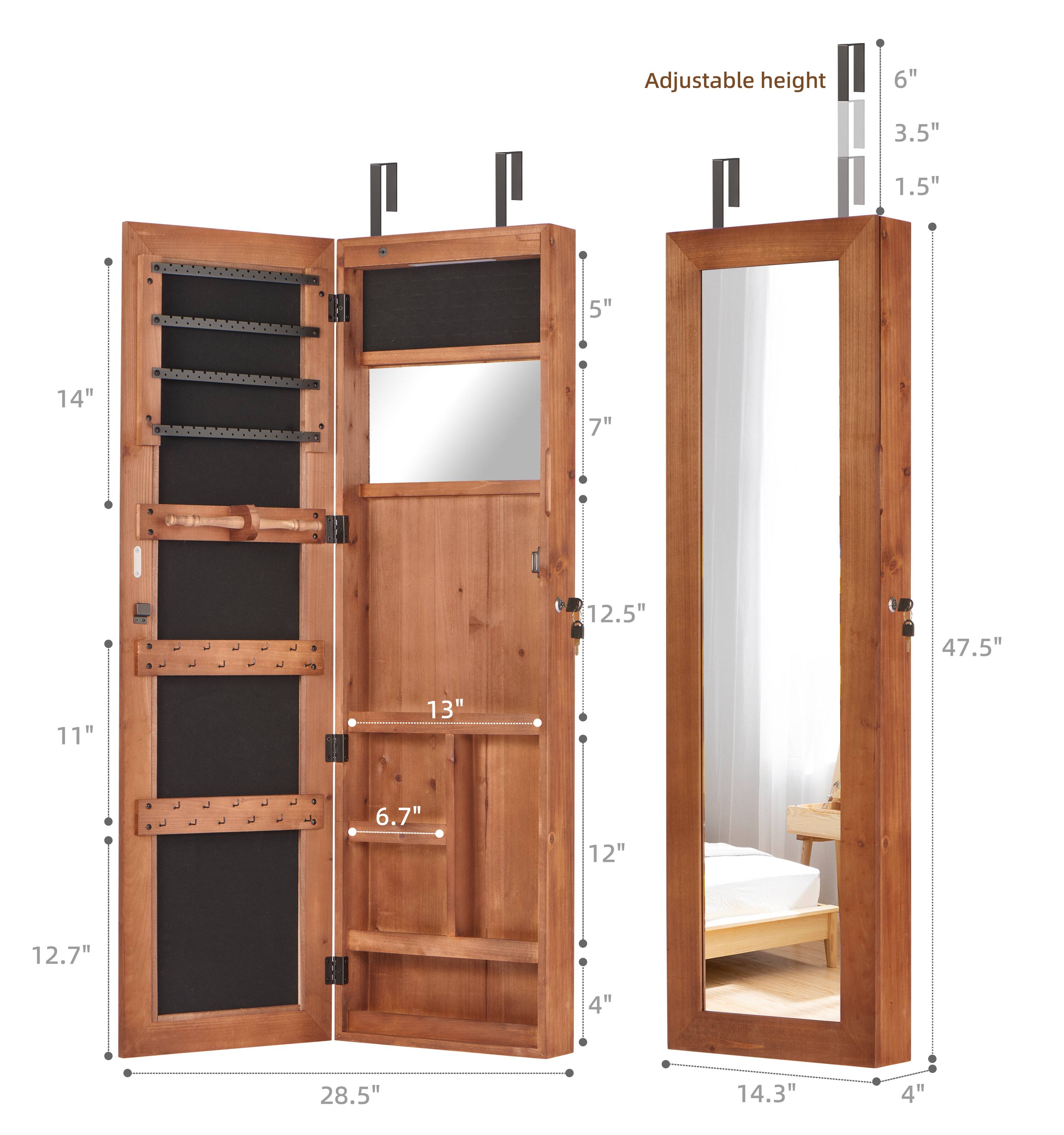 Adjustable height: 6", 3.5", 1.5"

Dimensions:
- Width: 28.5"
- Height: 47.5"
- Depth: 14.3"
- Shelf spacing: 14", 11", 12.5", 12", 7", 5", 6.7", 13"
- Mirror height: 14"
- Mirror width: 12"
- Side panel width: 4"