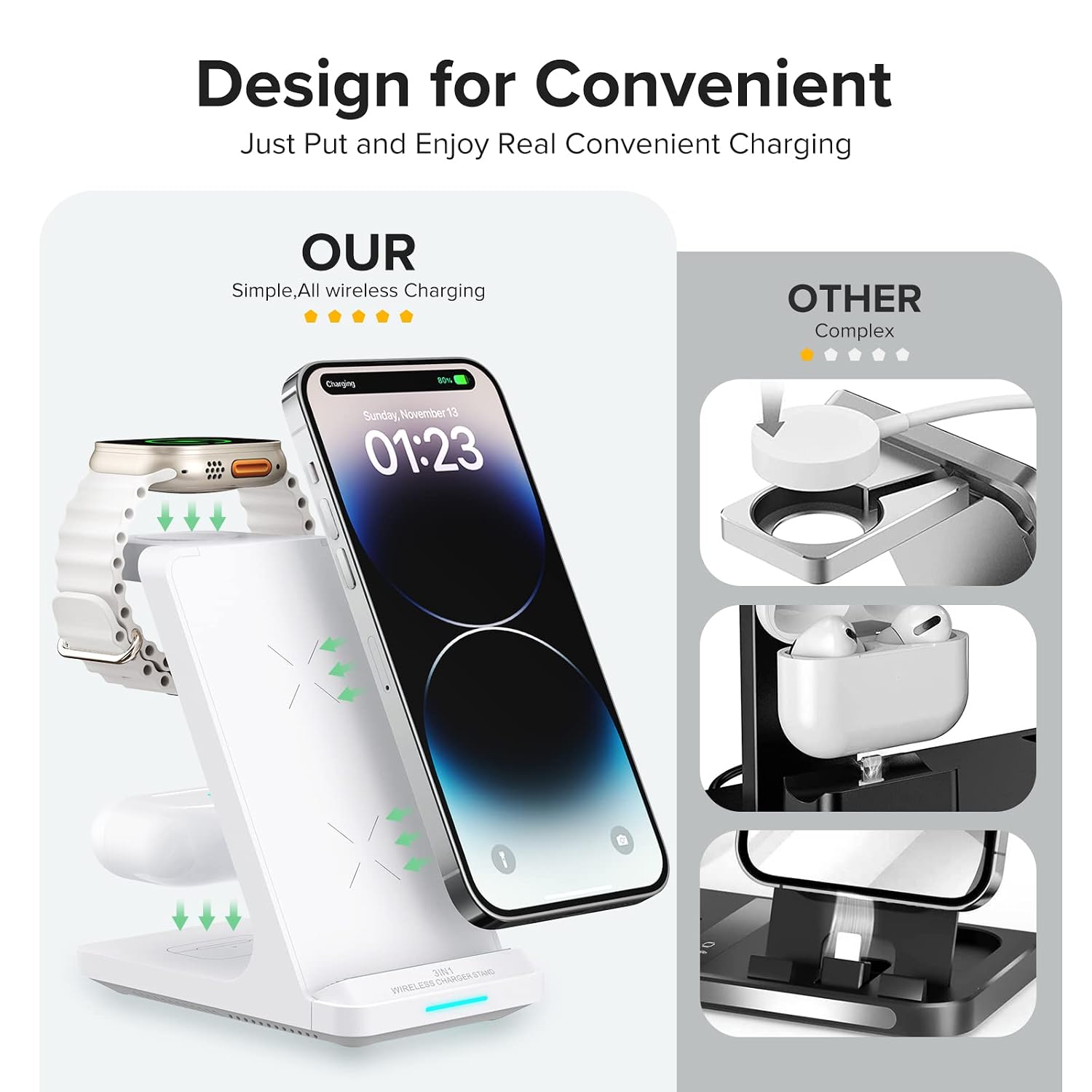 Design for Convenient  
Just Put and Enjoy Real Convenient Charging  

OUR  
Simple, All wireless Charging  

OTHER  
Complex  

Sunday, November 13  
01:23  

1 3841 mELESCASGRIIG
