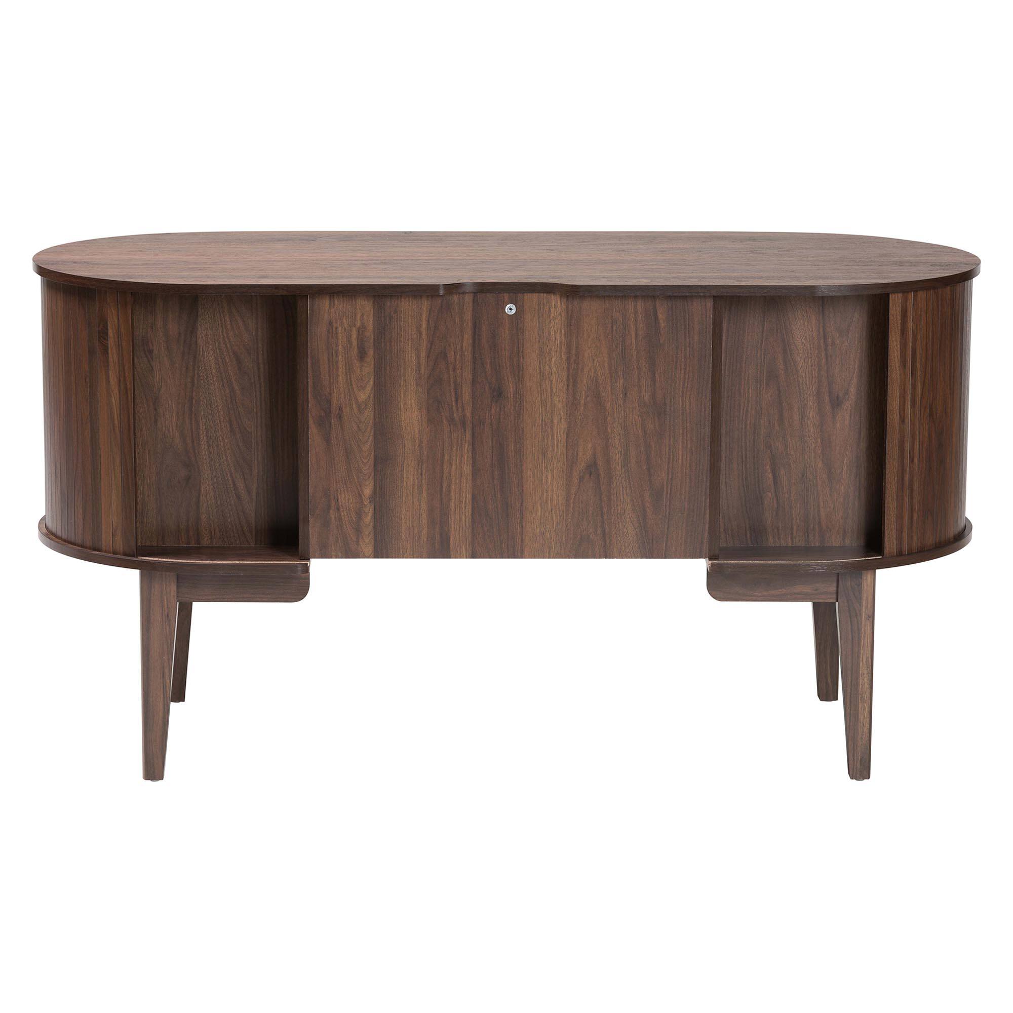 Alt View 1. Baxton Studio - Hayes Wood Writing Desk - Mid-Century Modern Oval Desk with Locking Drawer and Sliding Tambour Doors for Office or Home - Walnut Brown.