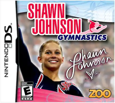 Sure, here is the corrected and grouped text from the image:
---
**NINTENDO DS™**
**SHAWN JOHNSON GYMNASTICS**
**Shawn Johnson**
**ZOO**
**EVERYONE**
**ENFANTS ET ADULTES**
**E**
**ESRB**
---
This text is arranged as it appears on the cover of the game. - E (Everyone)